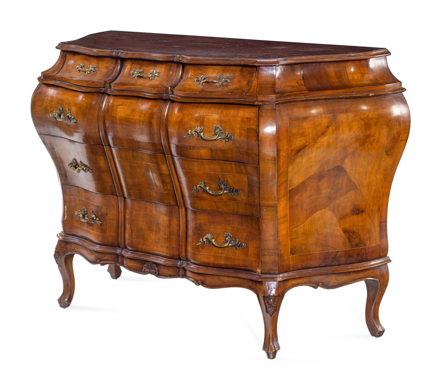 An Italian Walnut Bombe Commode