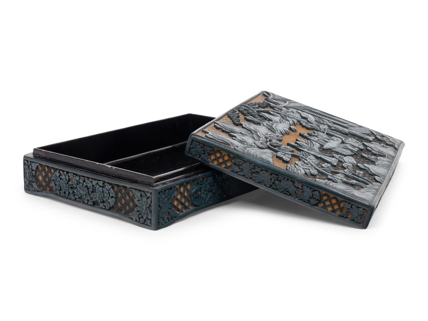 A Chinese Carved Green and Yellow Lacquered Rectangular Box and Cover