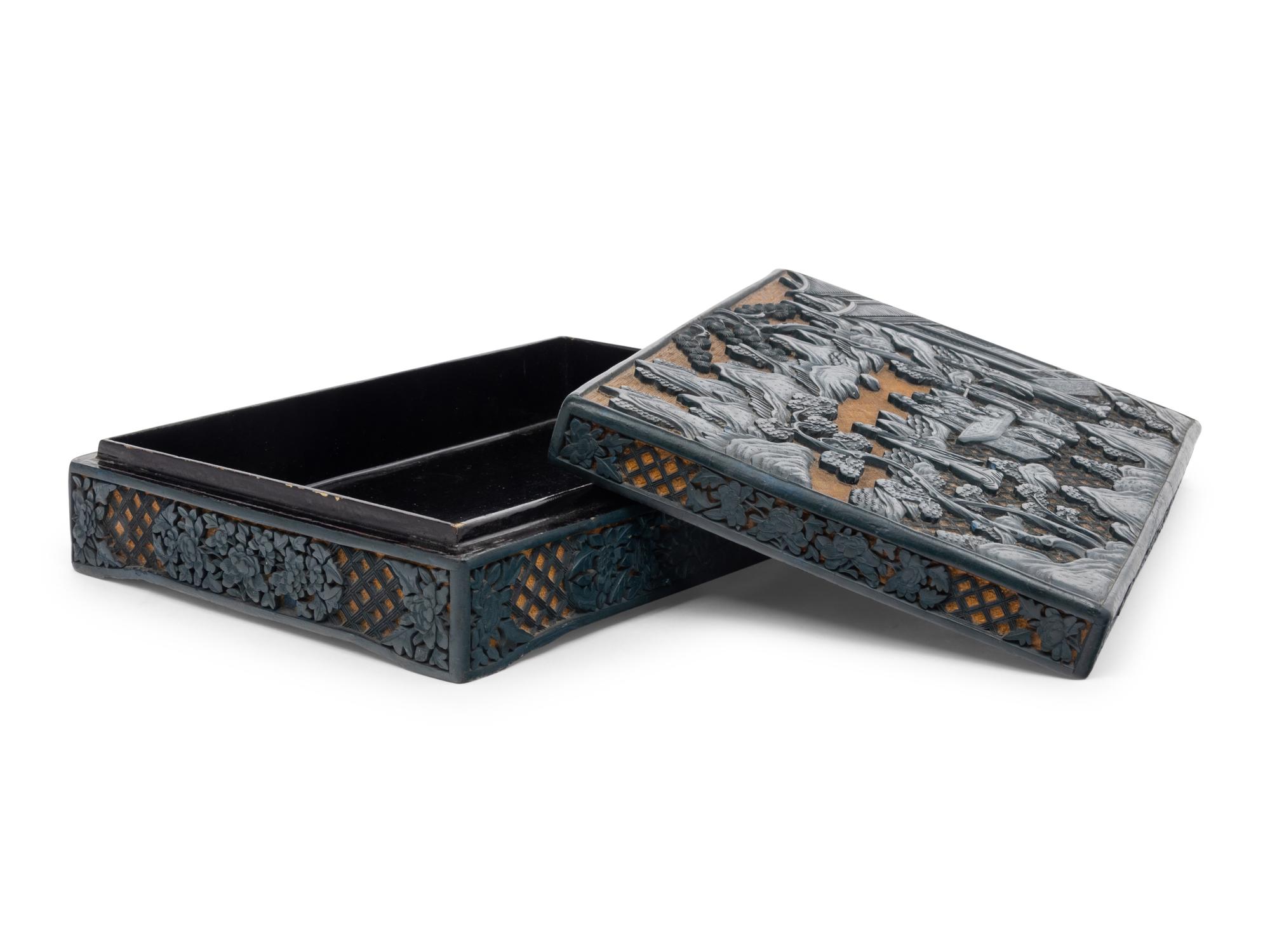 A Chinese Carved Green and Yellow Lacquered Rectangular Box and Cover