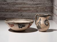Cochiti Figural Pottery Pitcher and San Ildefonso Polychrome Basin