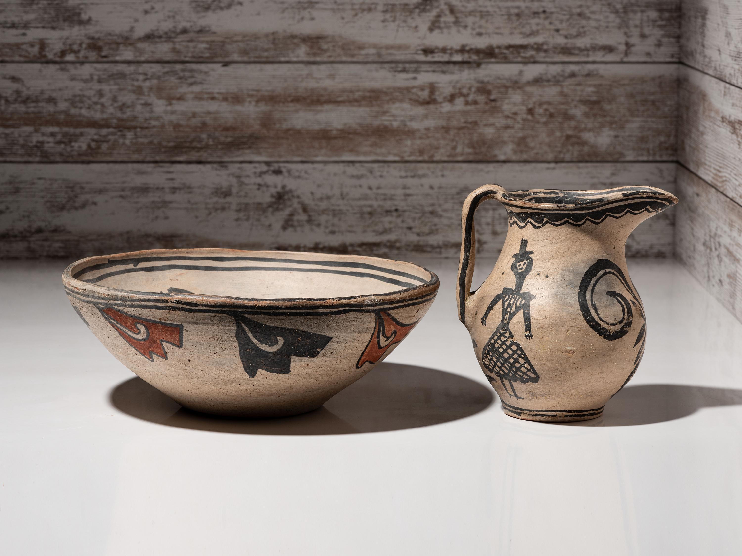 Cochiti Figural Pottery Pitcher and San Ildefonso Polychrome Basin