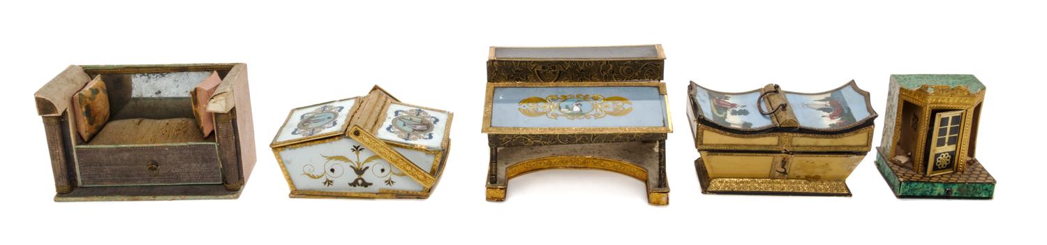 Five French Papier Mache Articles, 19TH CENTURY, Height of first 4 x width 6 5/8 x depth 3 inches. — 19TH CENTURY,