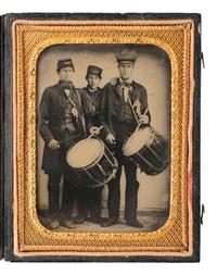 [CIVIL WAR]. Quarter plate ambrotype featuring three men, possibly new recruits, including two drummers posed with their instruments.