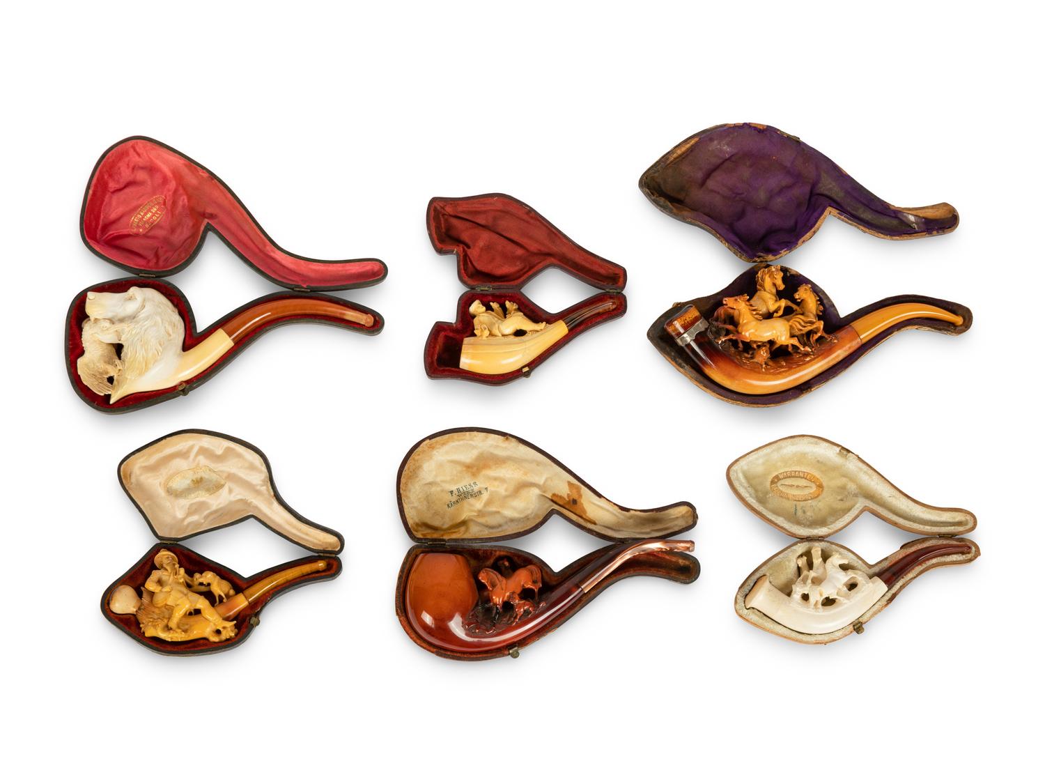A Group of Six Carved Meerschaum Pipes