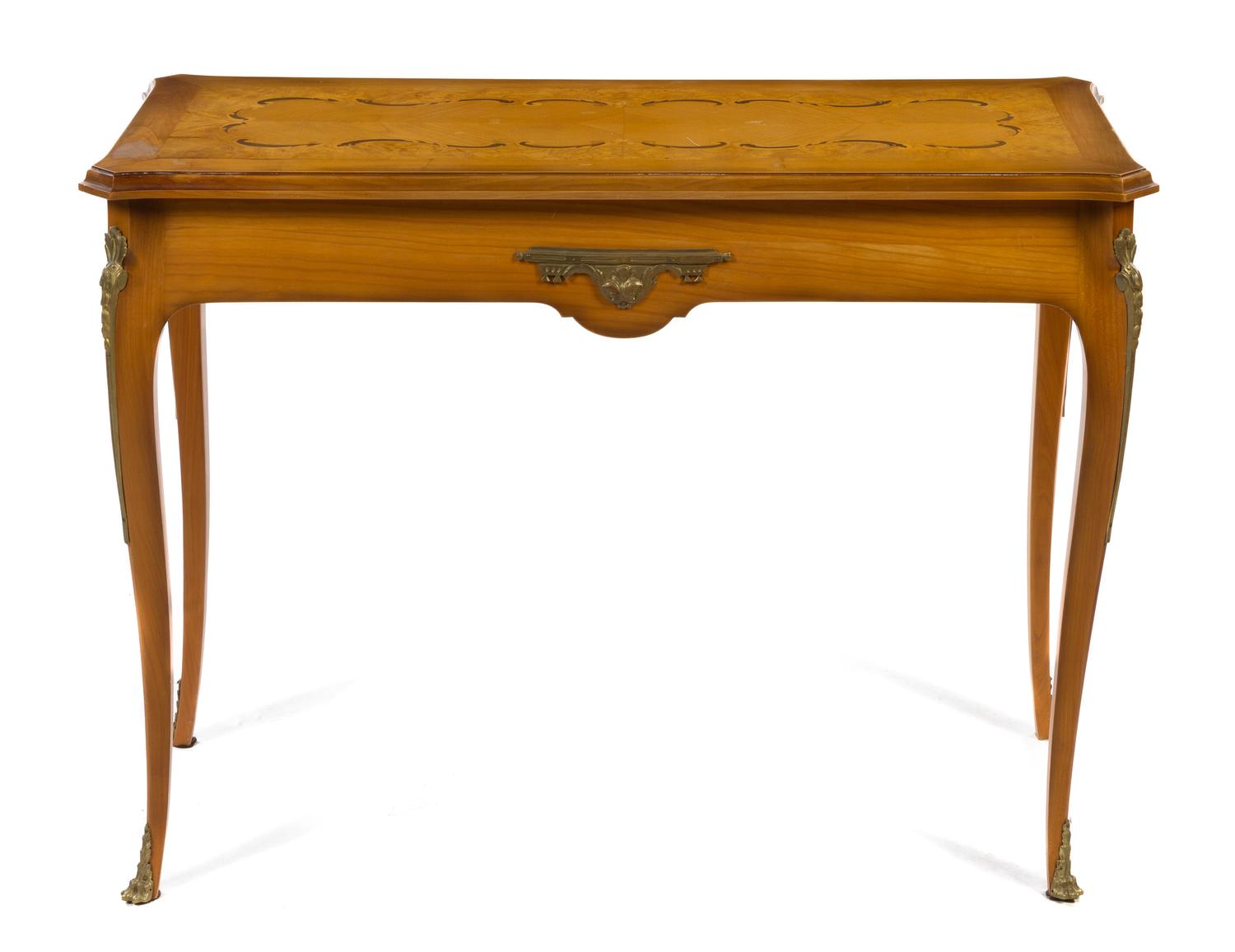 A Louis XV Style Gilt Bronze Mounted Marquetry Table Height 30 x width 40 1/2 x depth 17 inches. — 20TH CENTURY