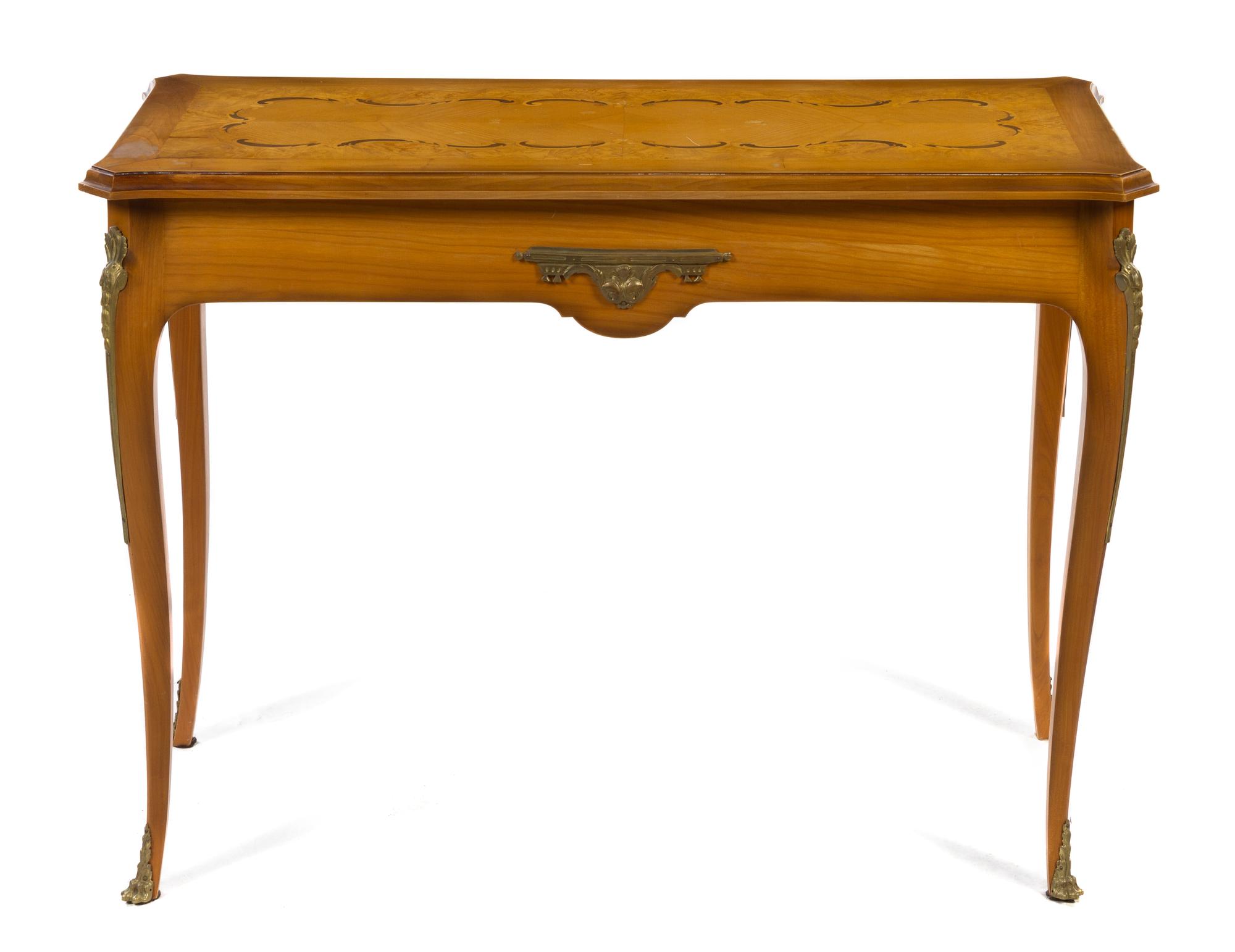 A Louis XV Style Gilt Bronze Mounted Marquetry Table Height 30 x width 40 1/2 x depth 17 inches. — 20TH CENTURY