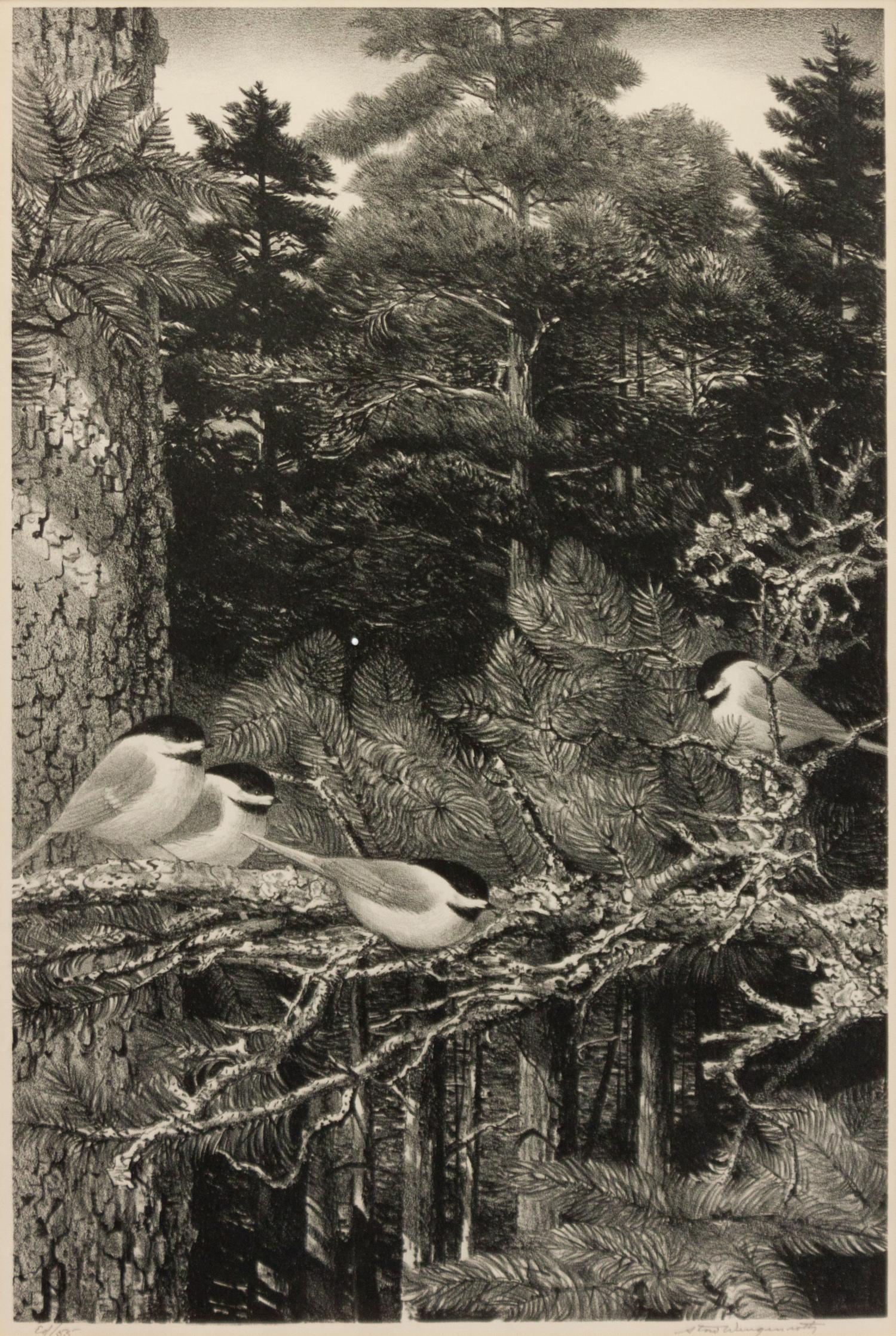 A group of five prints ( Memory , 1971; Four Chickadees , 1956; Little Friends , 1972; Red-Winged Black Birds , 1946; The Matriarch, Owl )