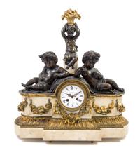 A French Gilt and Patinated Bronze and Marble Figural Mantel Clock Height 23 x width 20 1/2 inches. — 19TH CENTURY