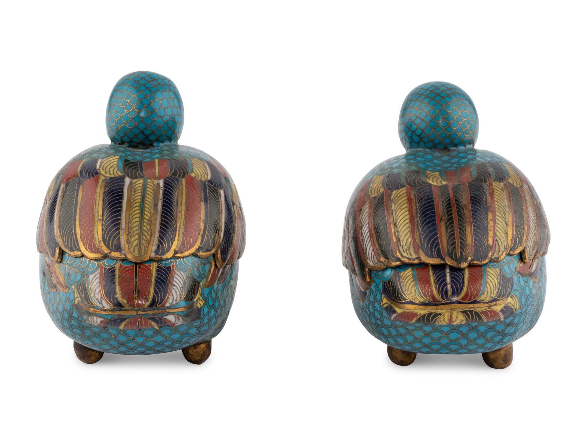 A Pair of Chinese Cloisonné Bird Form Covered Boxes