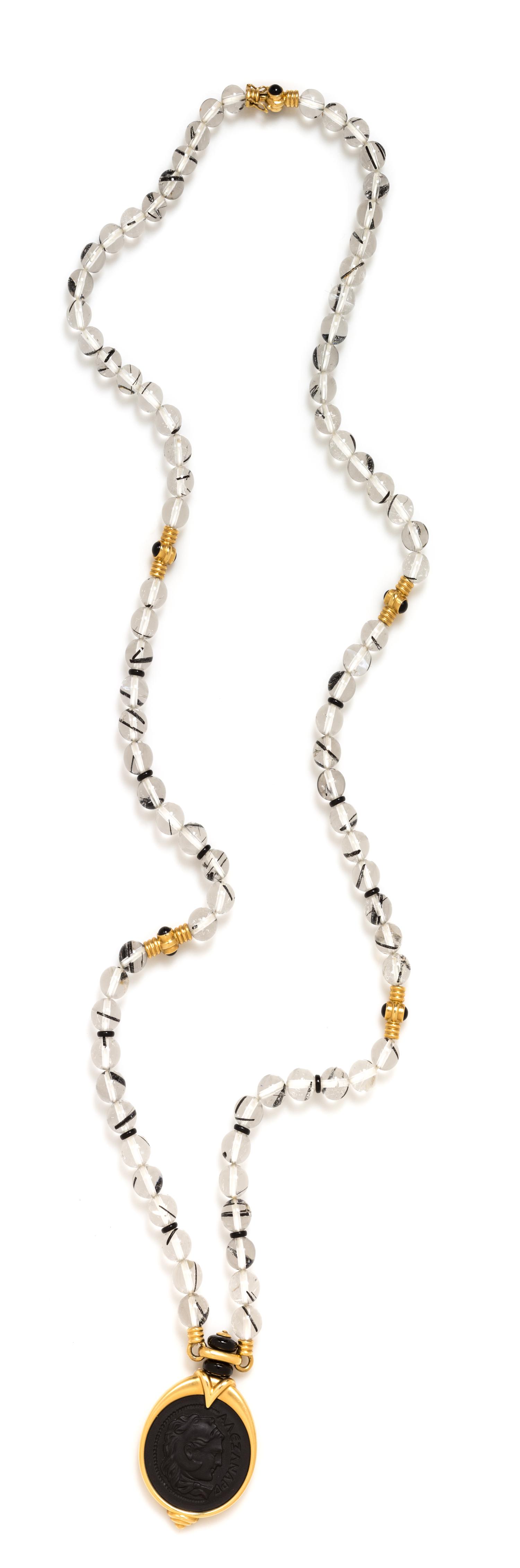 An 18 Karat Yellow Gold, Tourmalinated Quartz Bead, Onyx and Cameo Necklace,