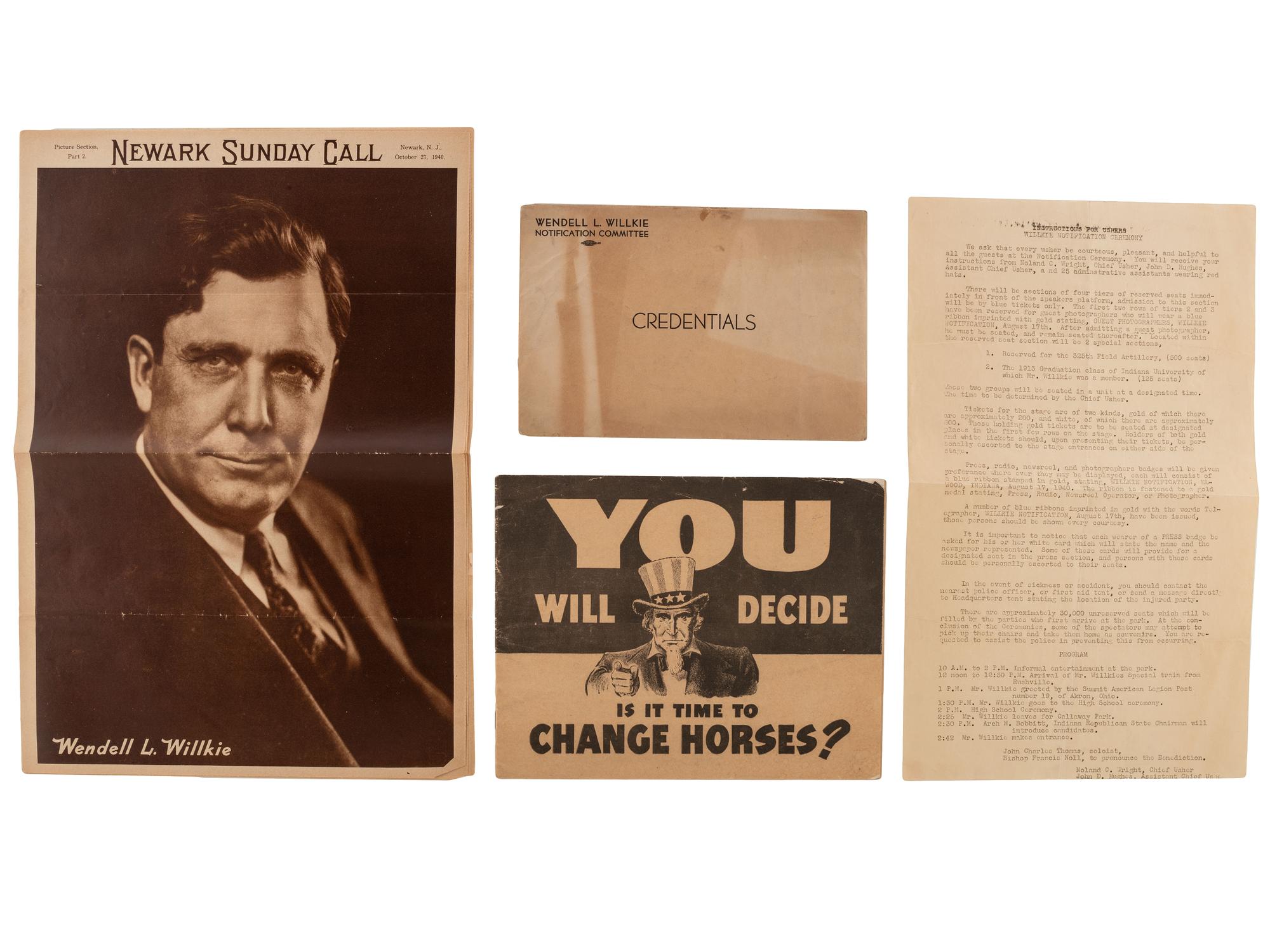 [WILLKIE, Wendell (1892-1944)]. A group of photographs, tickets, publications, sheet music, and other ephemera related Willkie's 1940 presidential nomination and campaign.