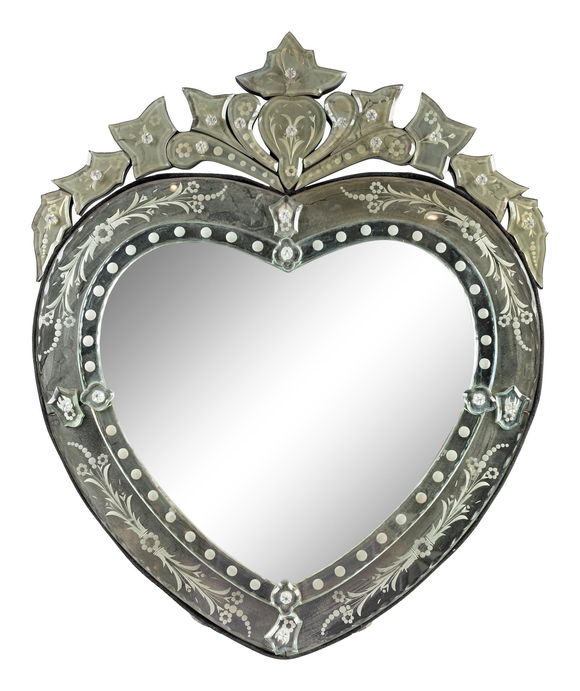 A Venetian Style Etched Heart-shaped Mirror — 20TH CENTURY