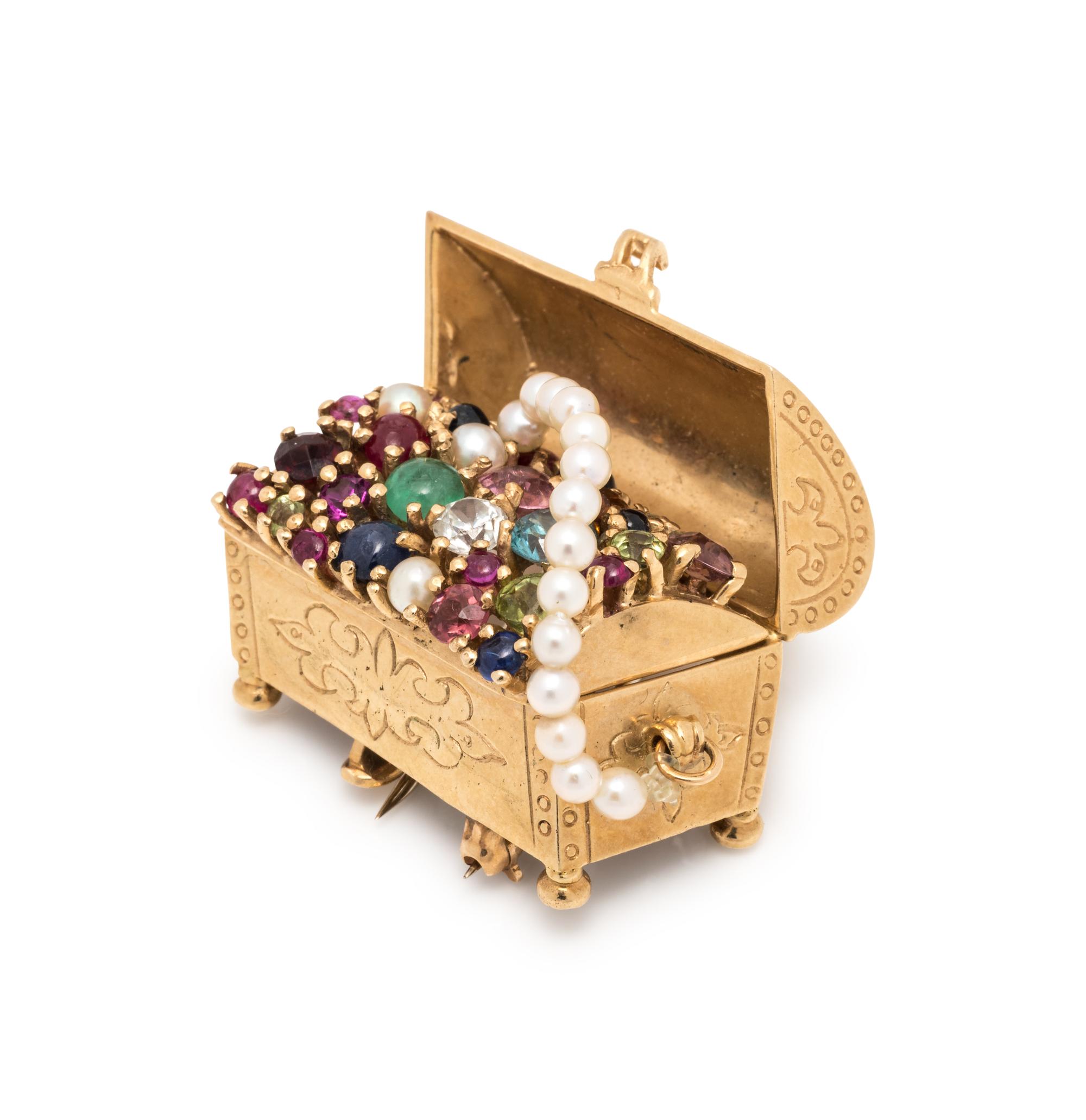 YELLOW GOLD AND MULTIGEM TREASURE CHEST BROOCH