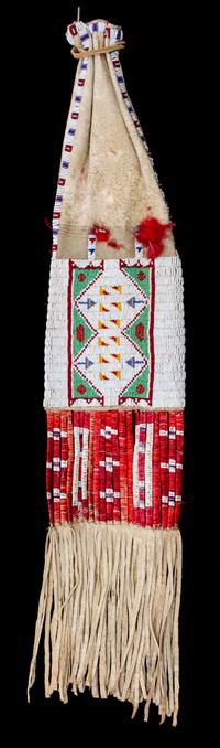 A Sioux Hide, Beaded and Quillwork Tobacco Bag Length overall 32 1/2 inches.