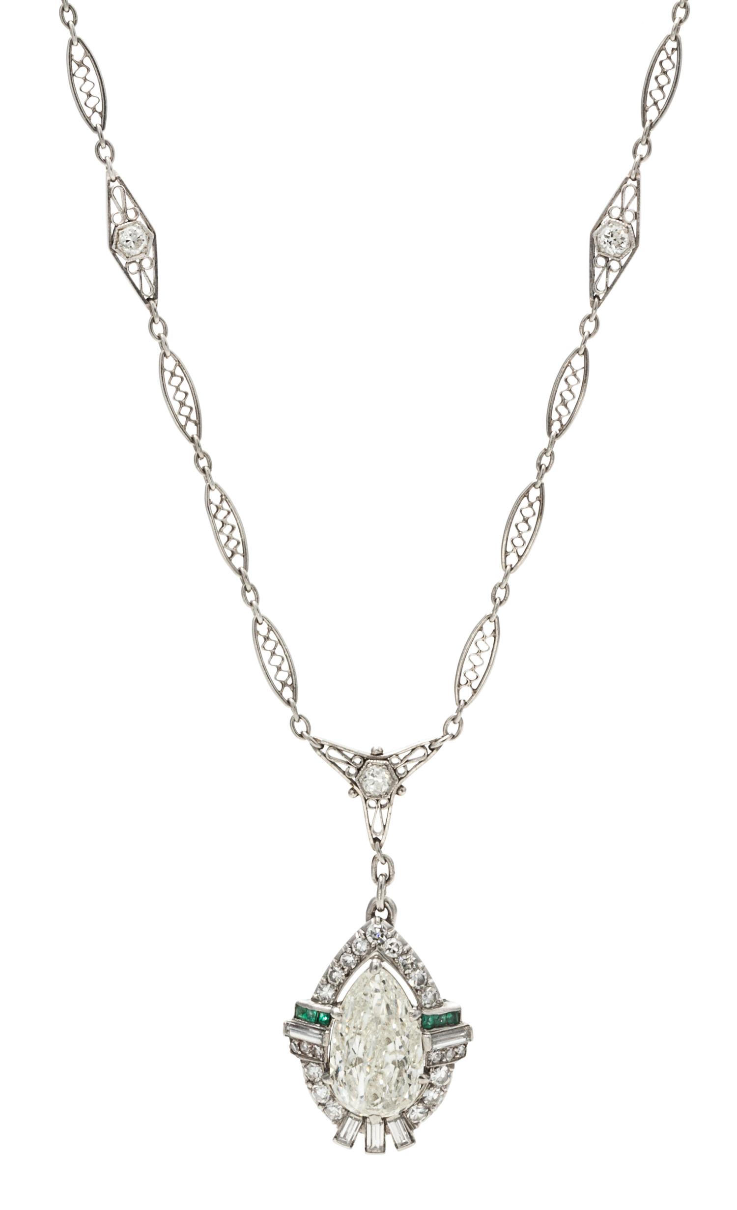 An Art Deco Platinum, Diamond and Emerald Lavaliere Necklace, 5.70 dwts.