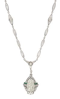 An Art Deco Platinum, Diamond and Emerald Lavaliere Necklace, 5.70 dwts.