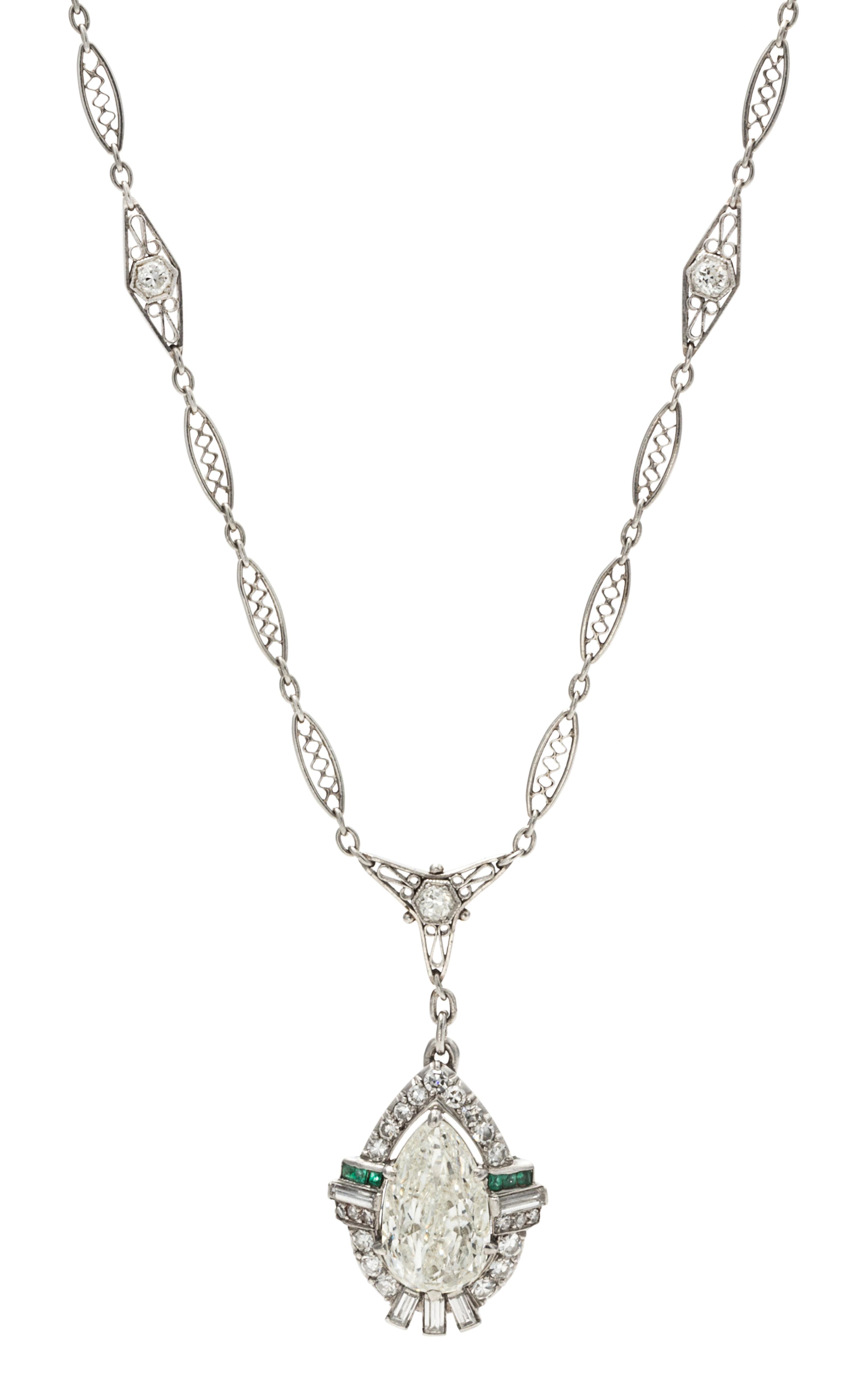 An Art Deco Platinum, Diamond and Emerald Lavaliere Necklace, 5.70 dwts.