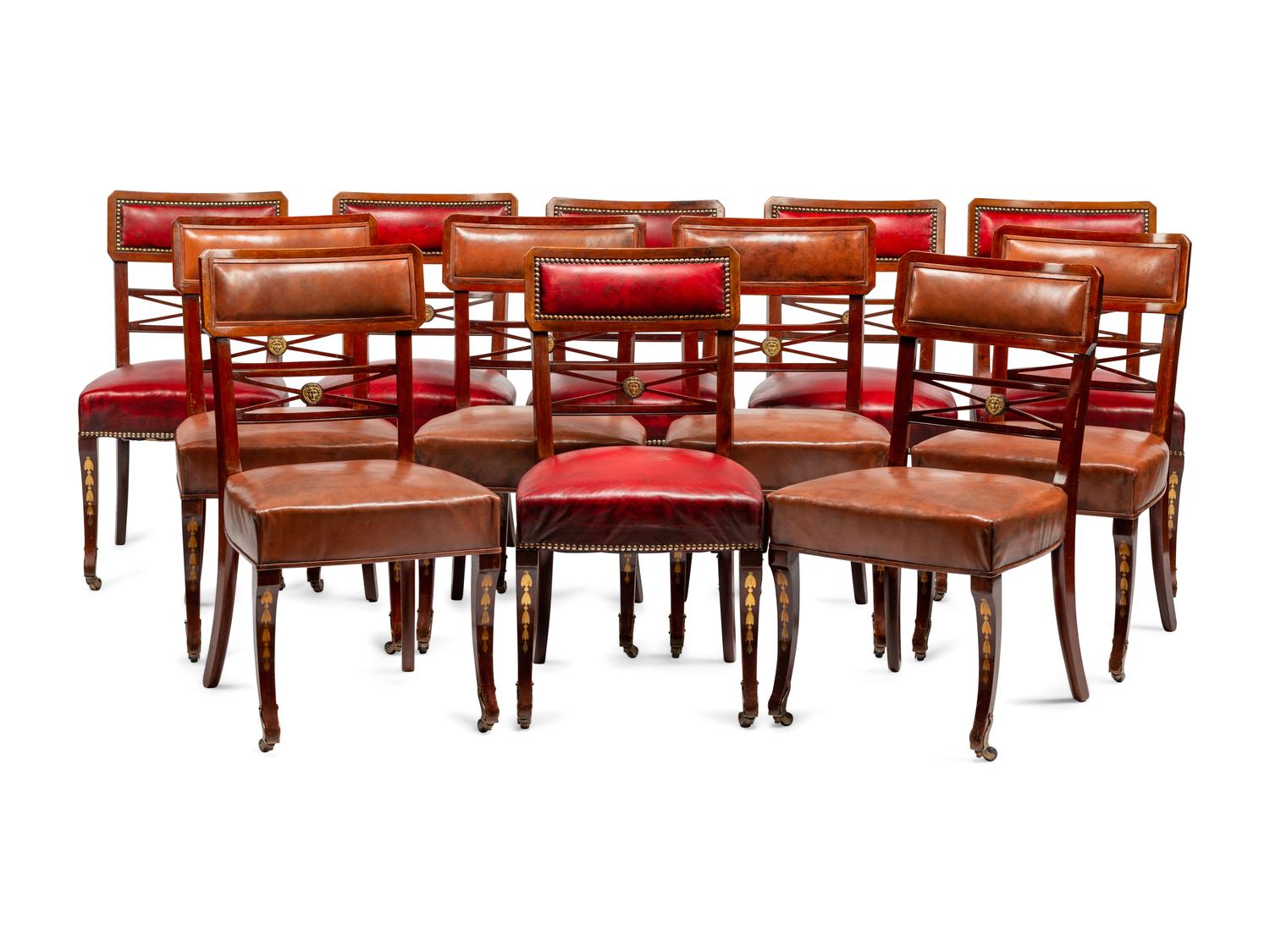 A Set of Twelve Baltic Neoclassical Style Leather-Upholstered Mahogany Dining Chairs