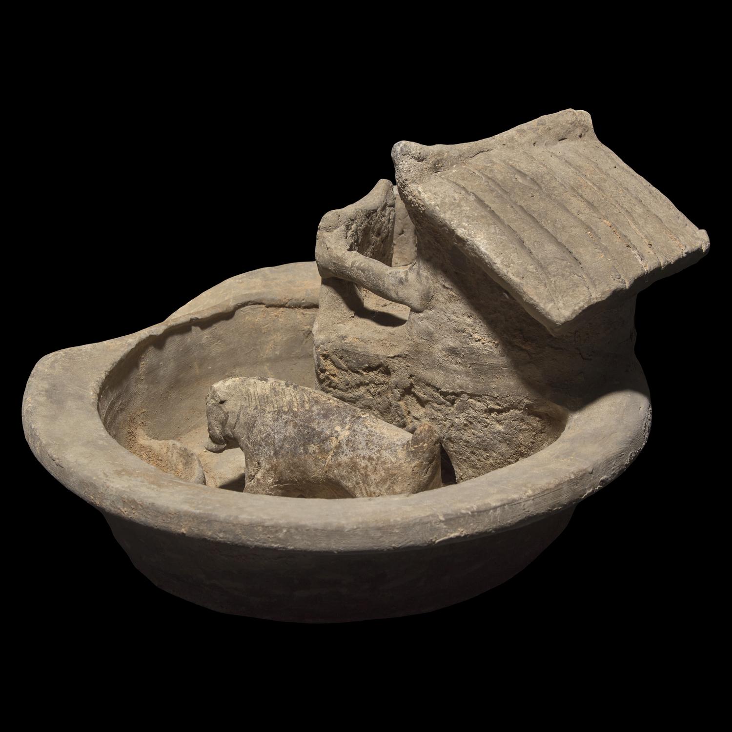 A Chinese Grey Pottery Model of a Pigsty with Occupant, Han Dynasty 漢 陶豬圈