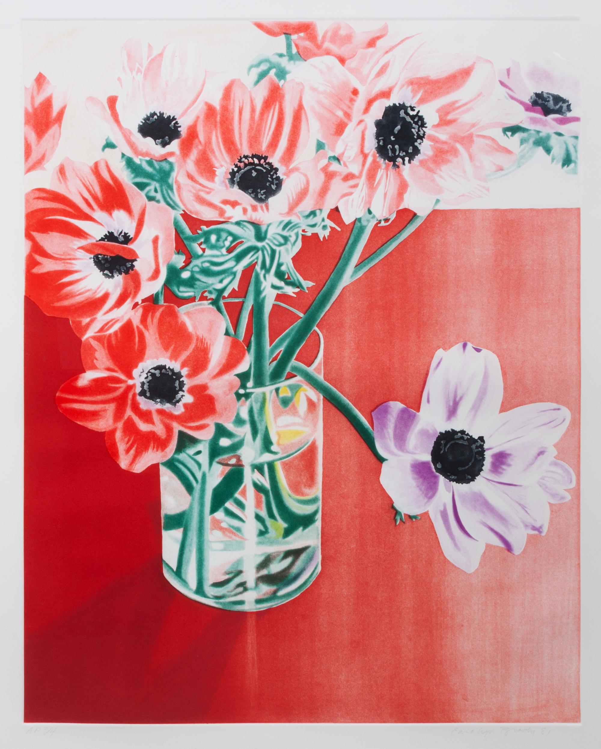Carolyn Brady, (American, 1937-2005), Anemonies on Red Tables, 1981