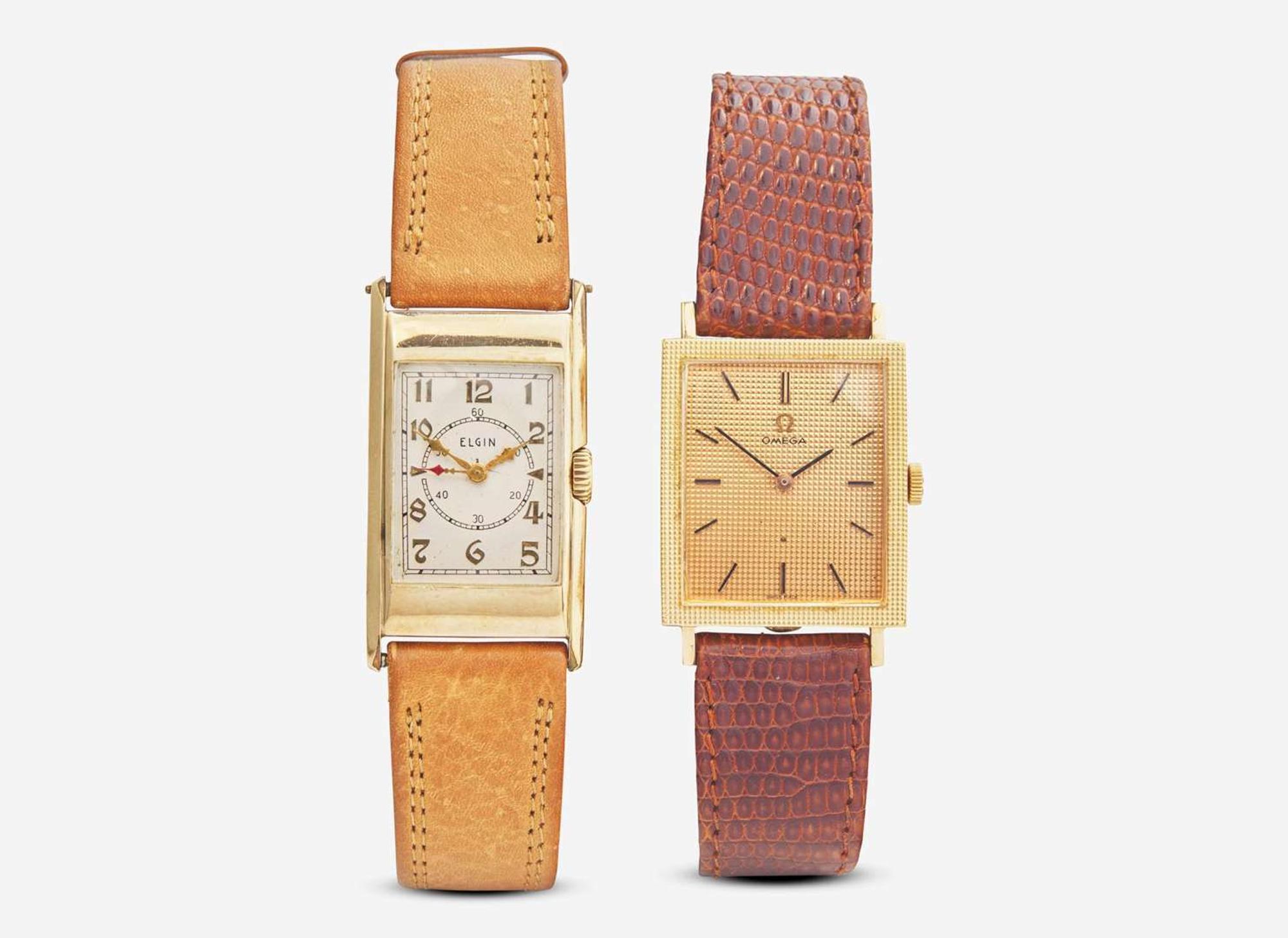 An 18K Yellow Gold Men's Omega Watch and 14K Yellow Gold Unisex Elgin Watch