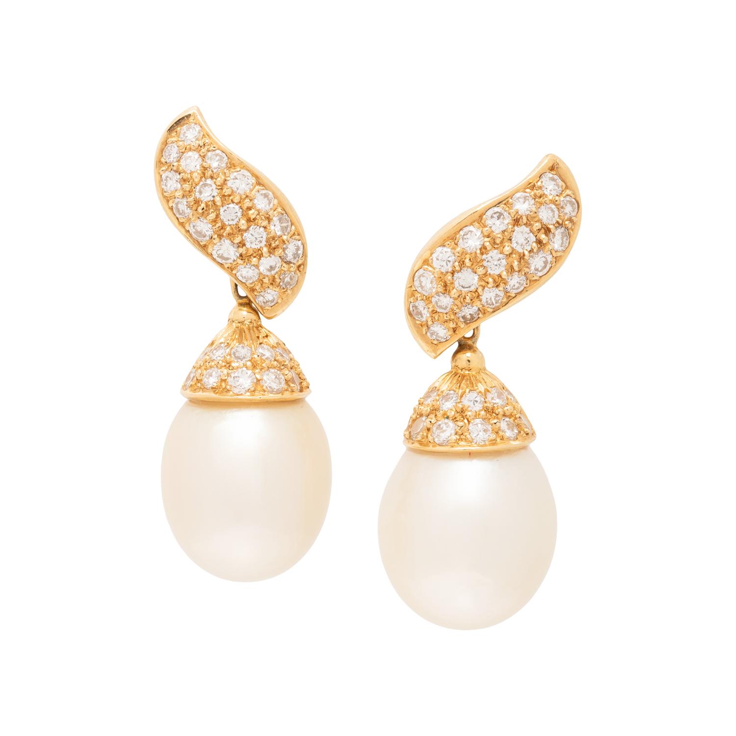 CULTURED PEARL AND DIAMOND EARRINGS