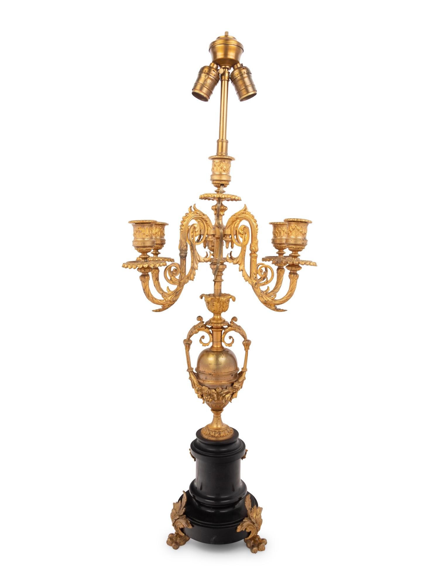 A French Gilt Bronze and Marble Five-Light Candelabrum Mounted as a Lamp