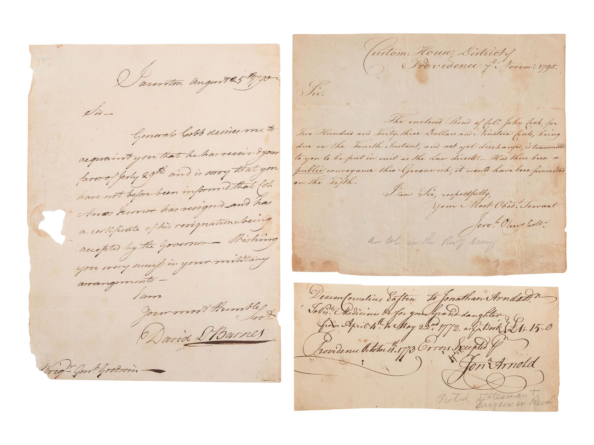 [REVOLUTIONARY WAR]. 3 documents, incl. signatures from Jonathan ARNOLD and Jeremiah OLNEY.