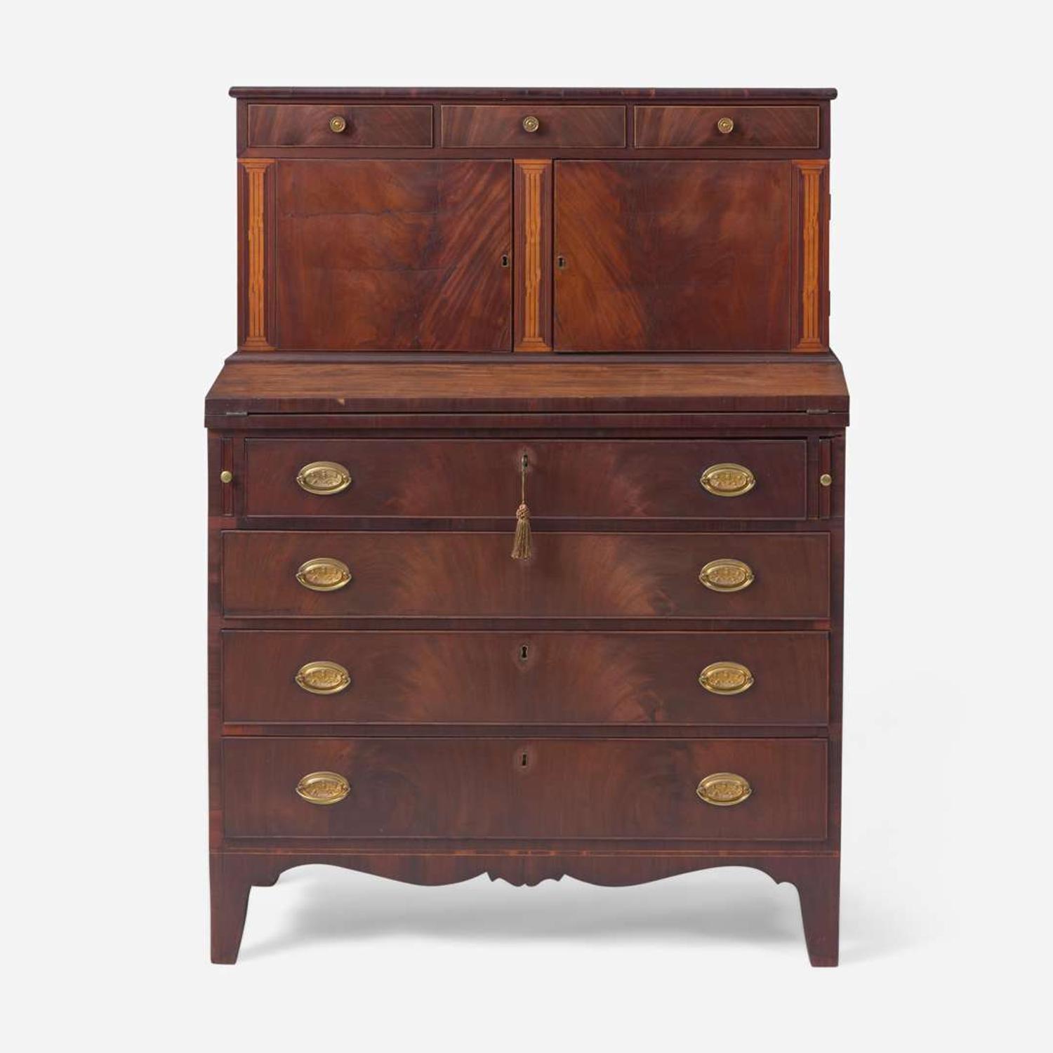 A Federal inlaid mahogany secretary desk Boston / Newburyport, MA or Coastal New Hampshire, circa 1810
