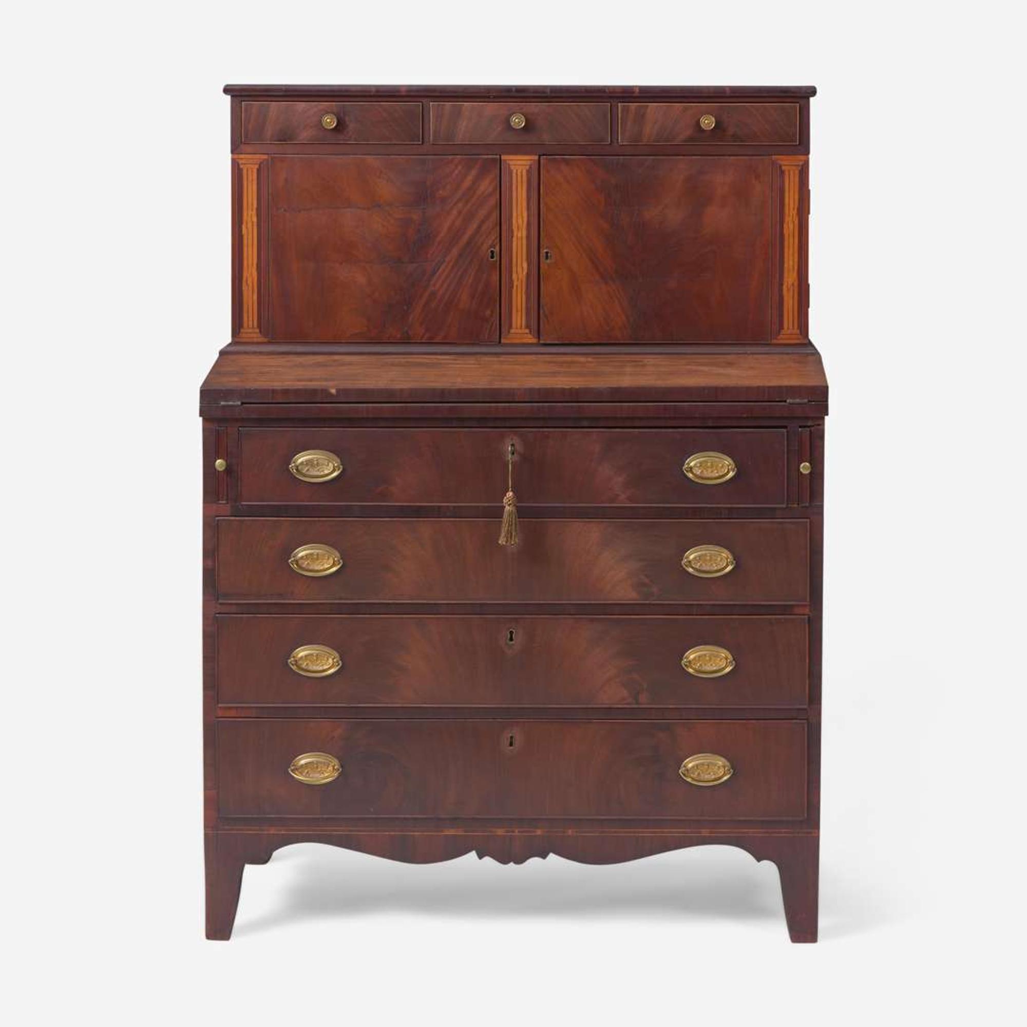 A Federal inlaid mahogany secretary desk Boston / Newburyport, MA or Coastal New Hampshire, circa 1810
