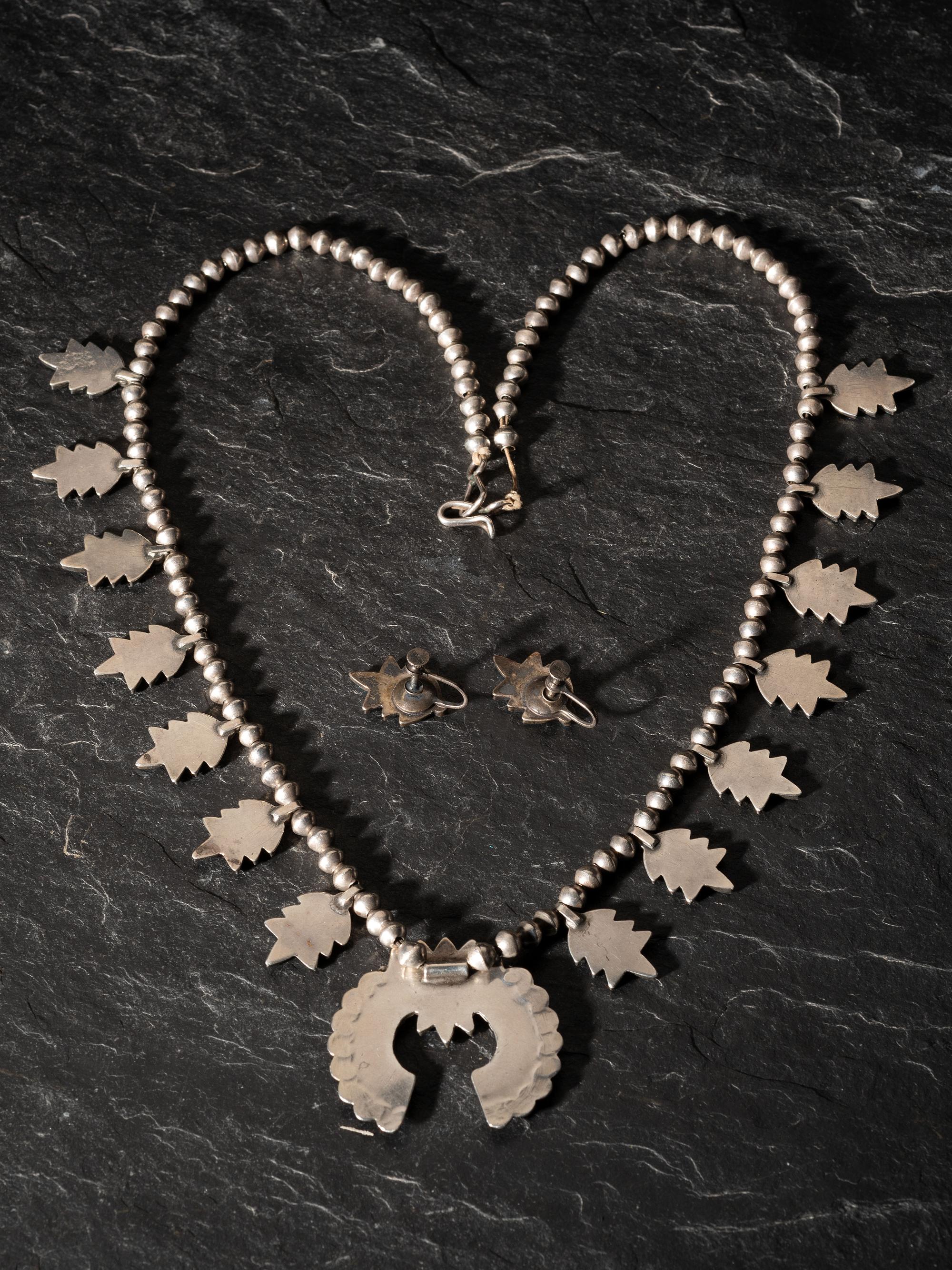 Zuni or Navajo Child's Petit Point Turquoise and Silver Squash Blossom Necklace with Earrings