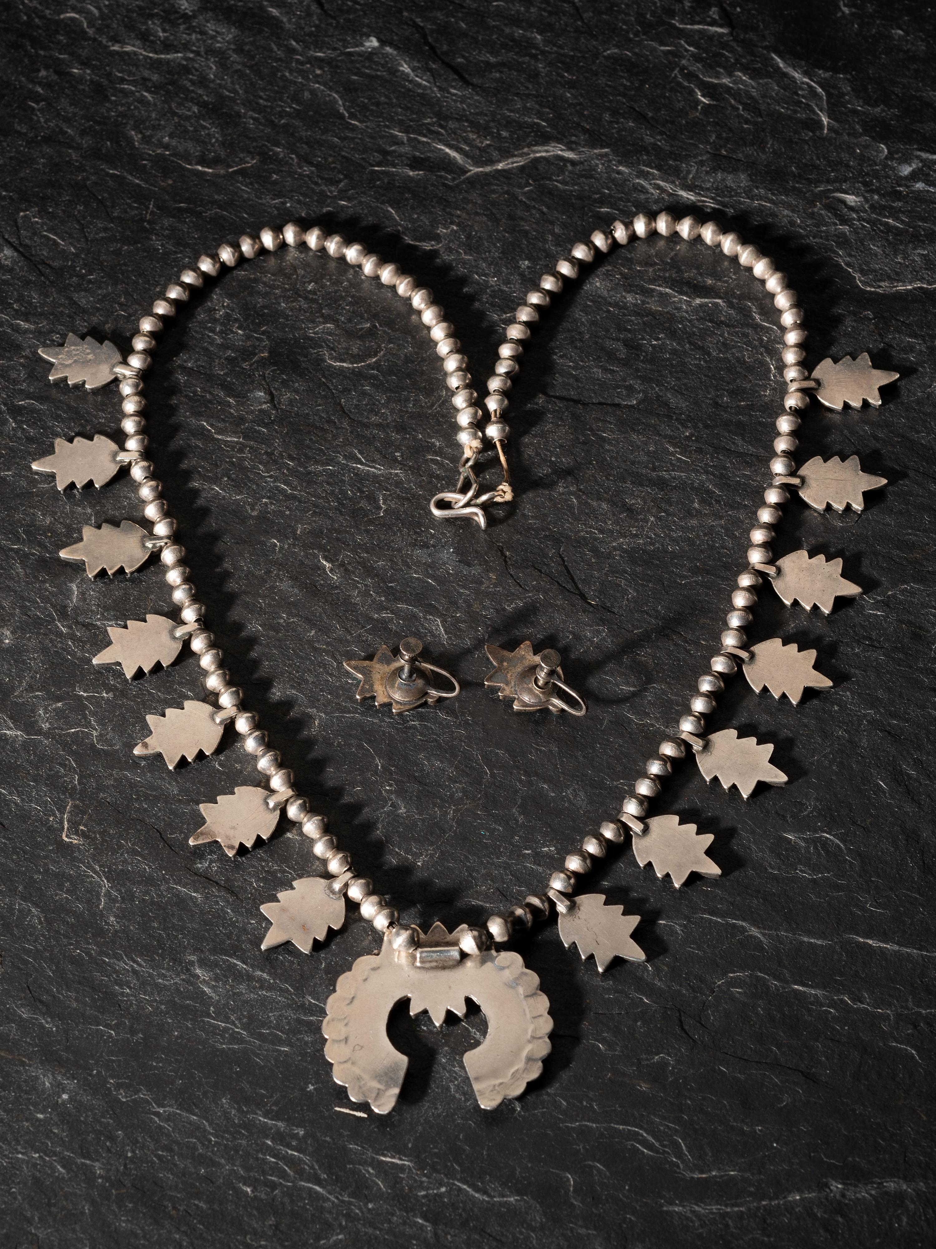 Zuni or Navajo Child's Petit Point Turquoise and Silver Squash Blossom Necklace with Earrings