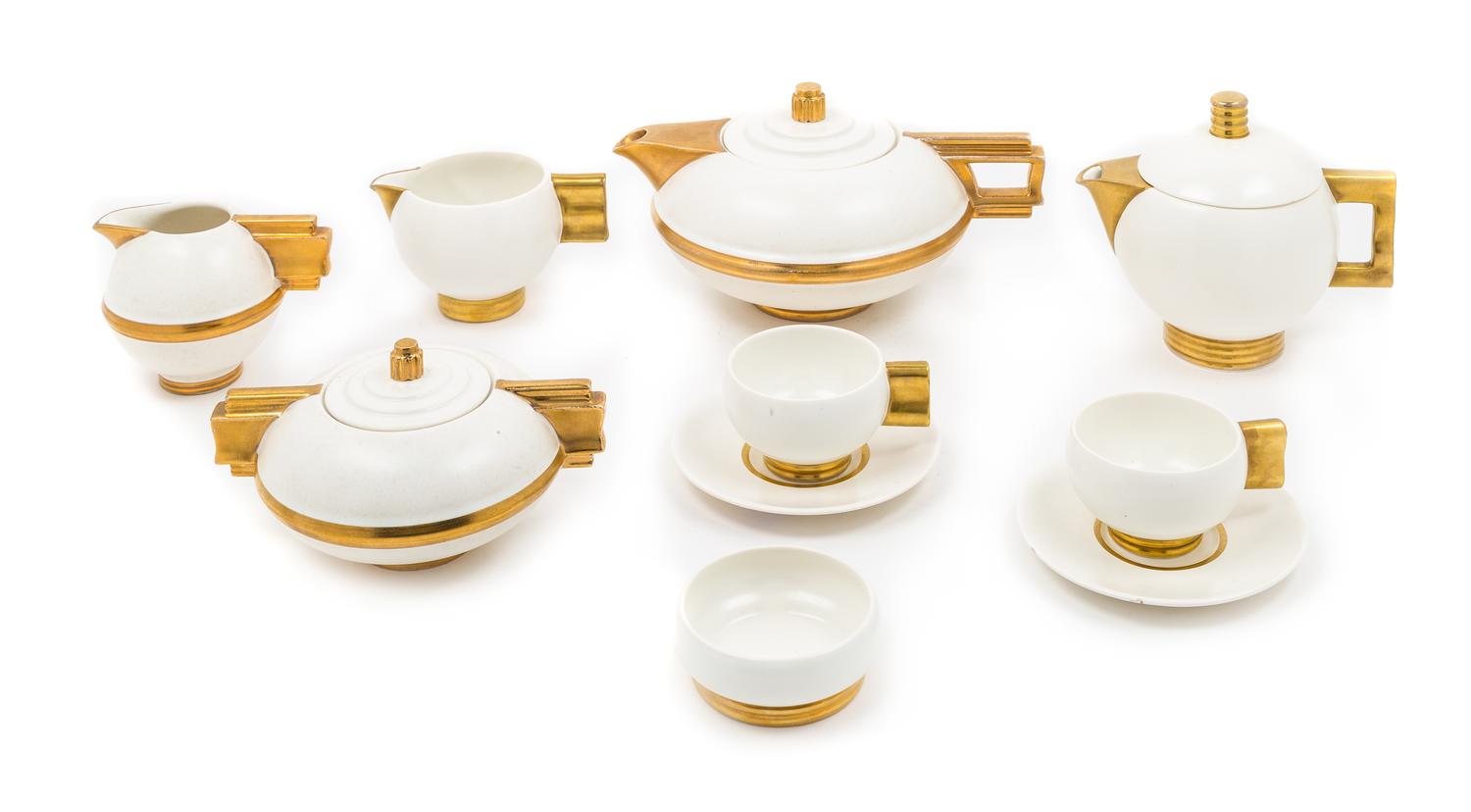 Art Deco, ROBJ, Paris, France, a coffee and tea service, comprising a coffee pot, tea pot, two cups and saucers, two creamers, covered