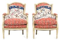 A Pair of Louis XVI Painted Bergeres Height 38 x width 26 1/2 x depth 30 inches. — 20TH CENTURY