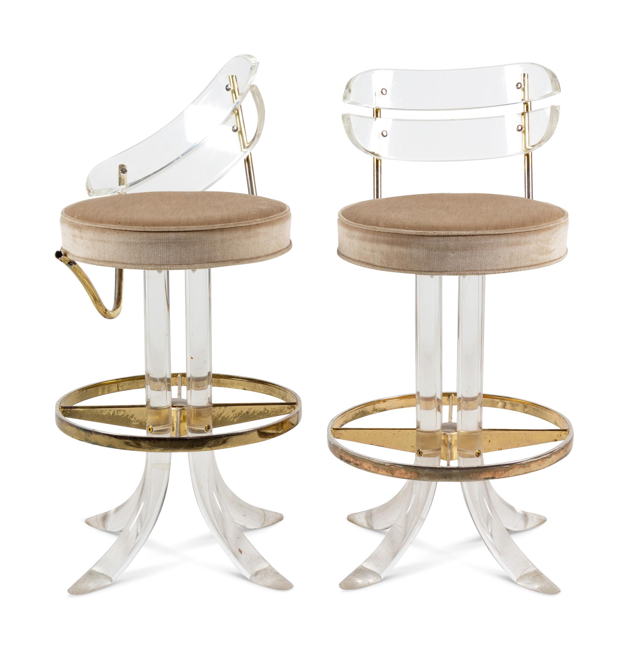 A Pair of Acrylic and Brass Barstools — 20TH CENTURY