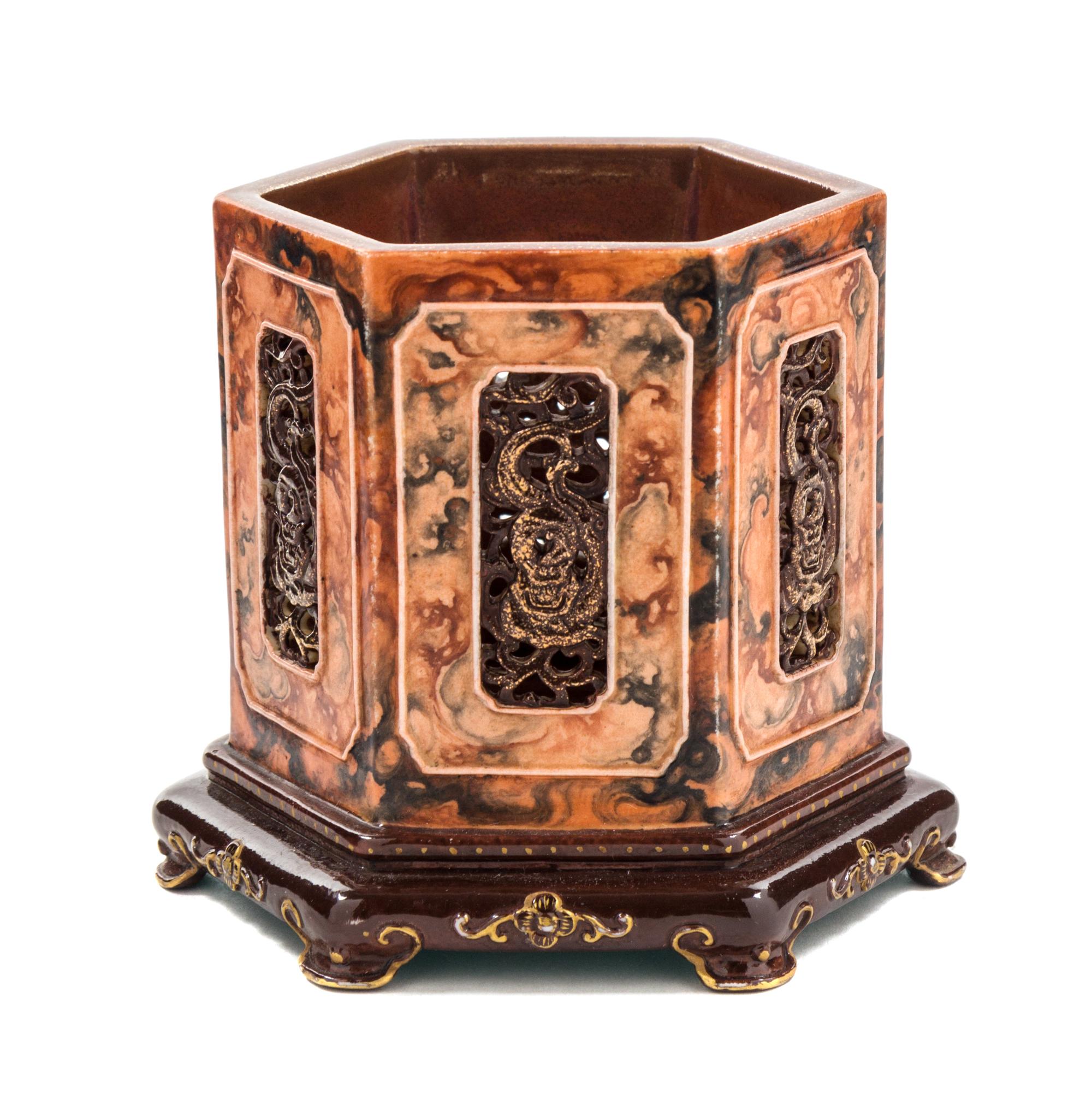A Faux Bois Porcelain Brush Pot