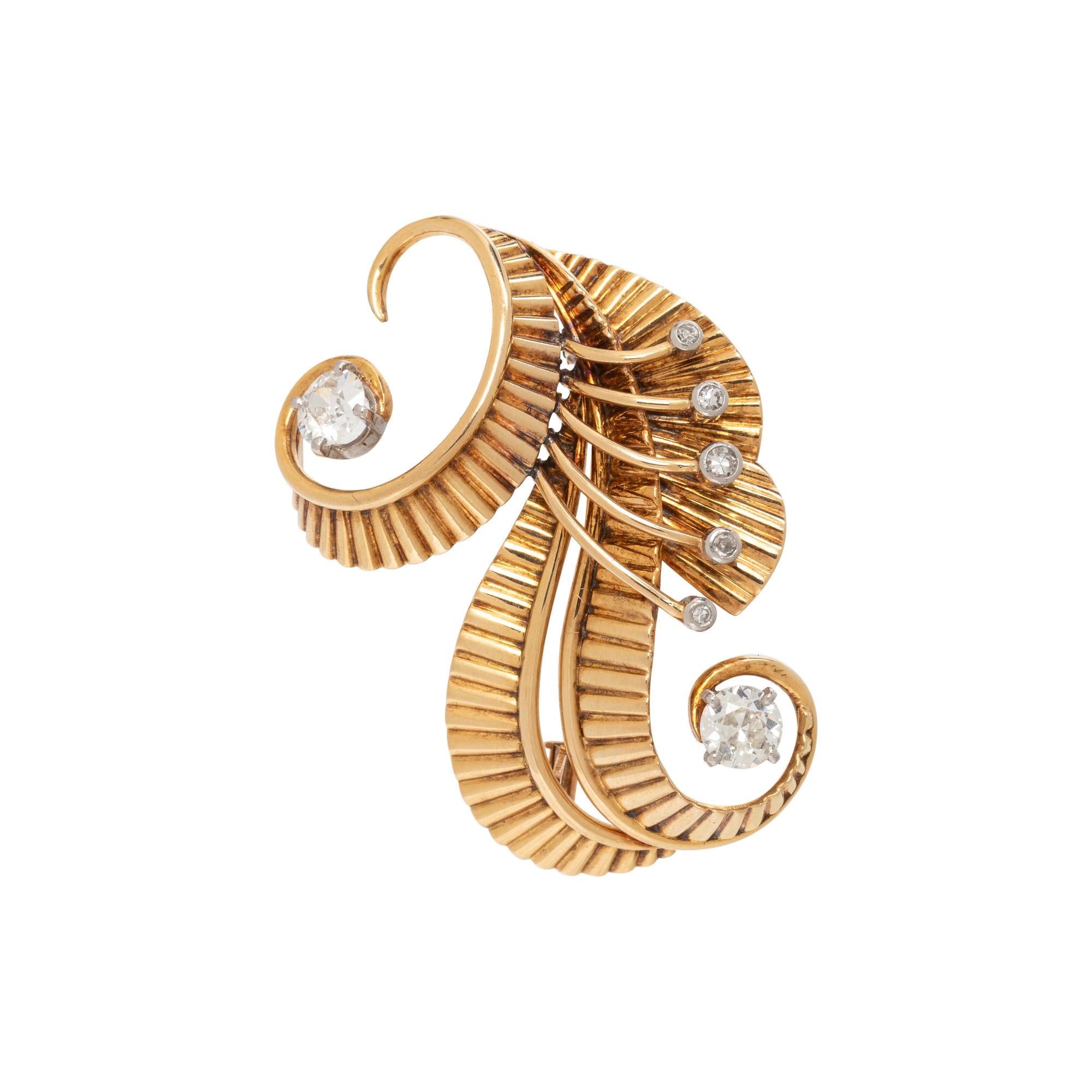 FRENCH, RETRO, YELLOW GOLD AND DIAMOND RIBBON BROOCH