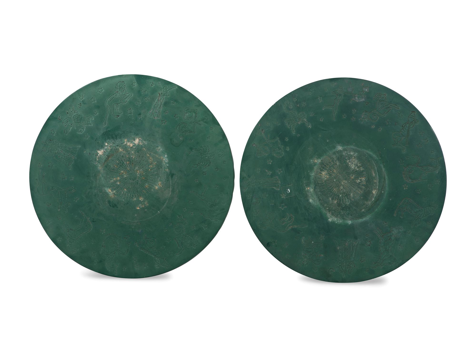 A Pair of Painted Metal Zodiac Patio Tables and Chairs