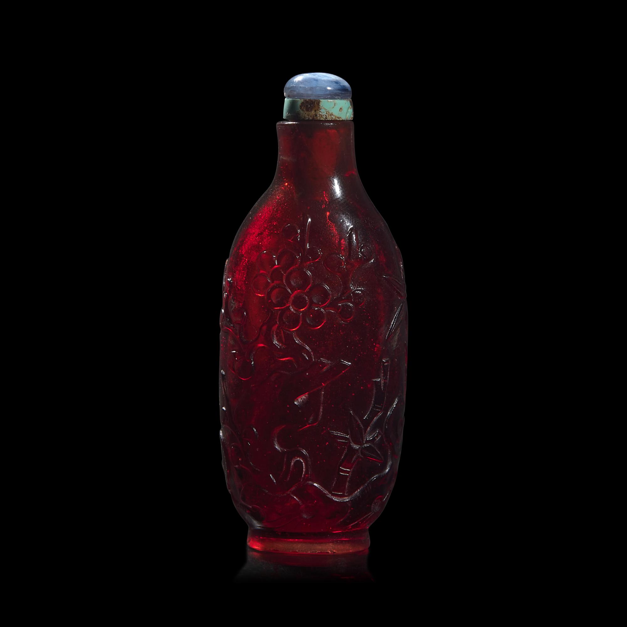 A Chinese Carved Ruby Glass Snuff Bottle, Probably Imperial Workshop, 18th Century