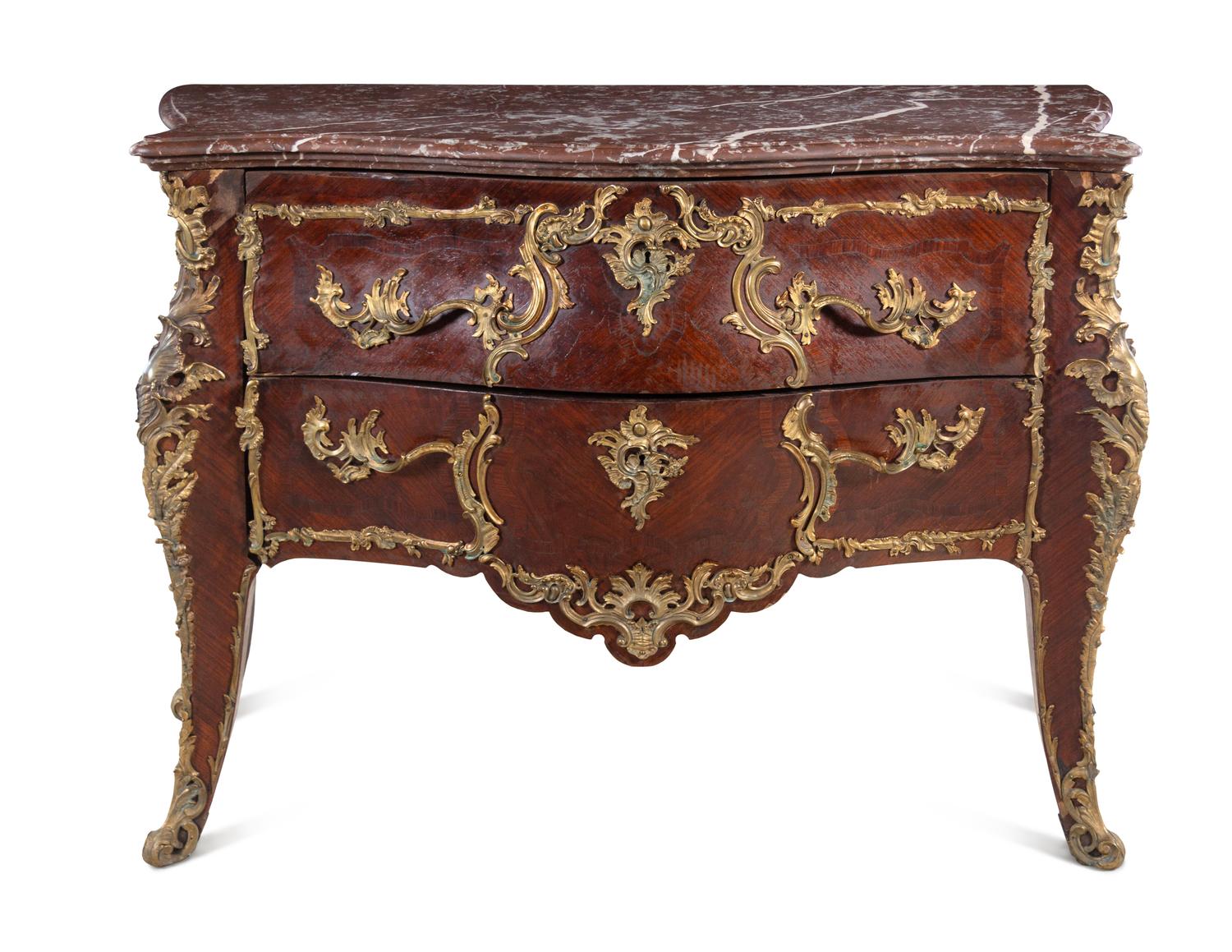 A Louis XV Style Gilt Bronze Mounted Marble-Top Commode
