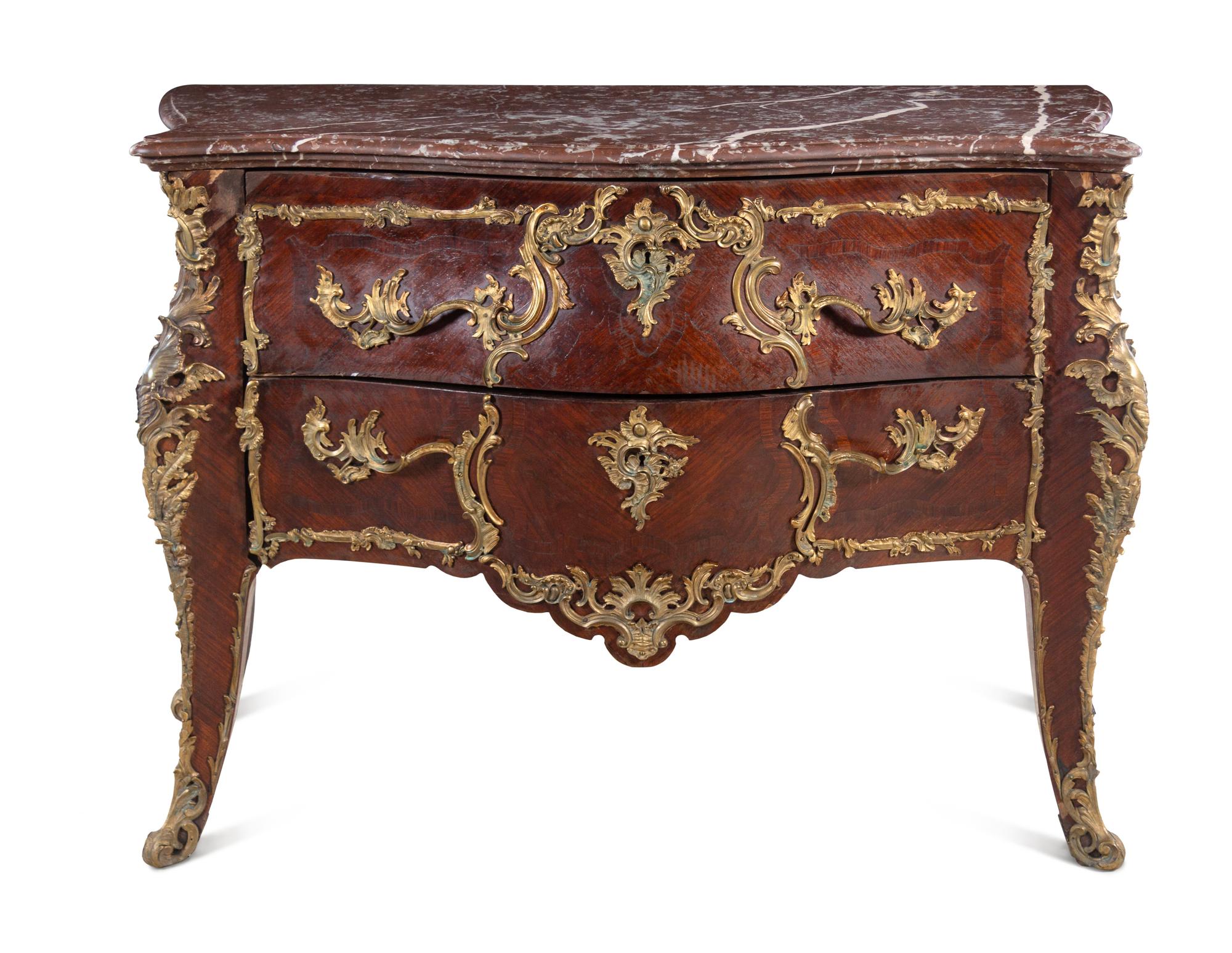 A Louis XV Style Gilt Bronze Mounted Marble-Top Commode