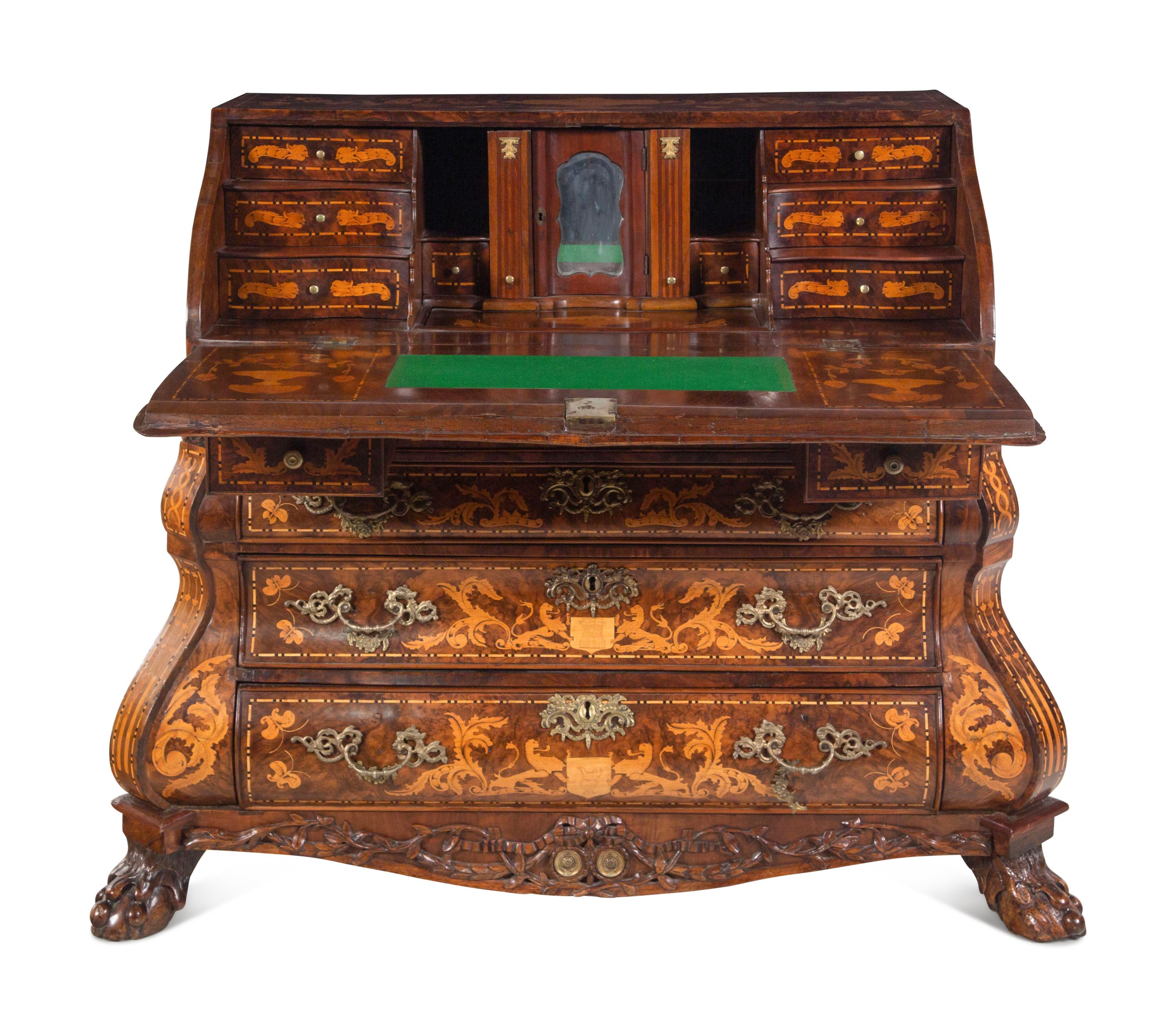 A Dutch Baroque Burl Walnut and Marquetry Slant-Front Desk