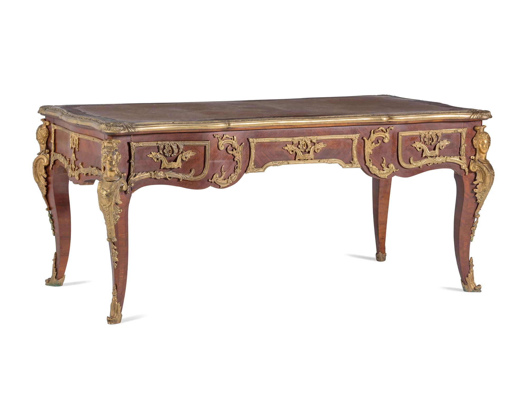 A Louis XV Style Gilt Bronze Mounted Mahogany Bureau Plat