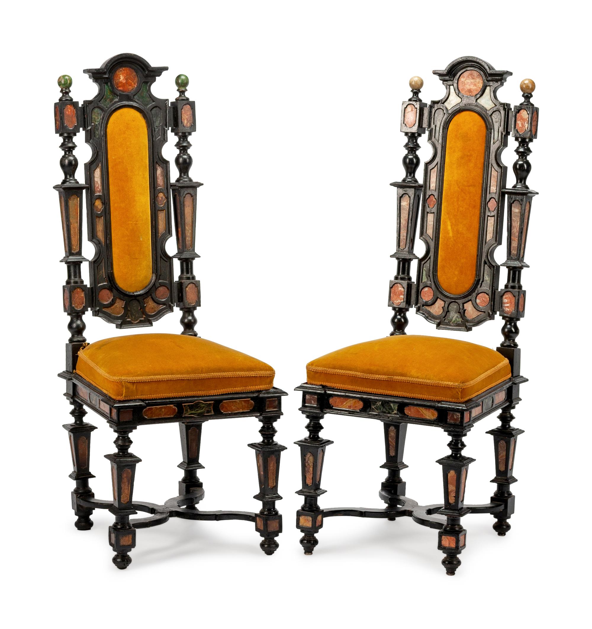 A Pair of Italian Marble Inlaid Ebonized Side Chairs