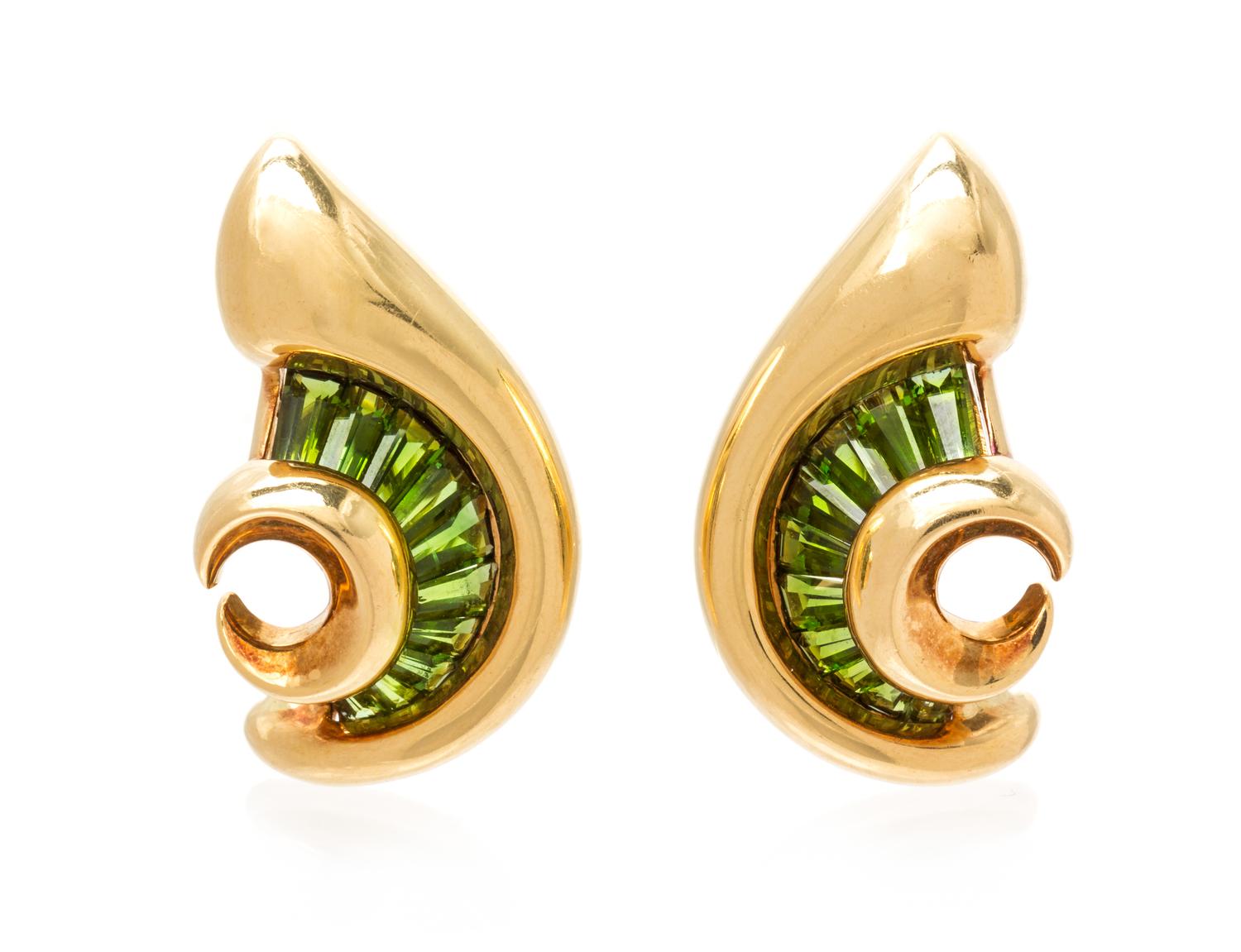 A Pair of 18 Karat Yellow Gold and Green Tourmaline Spiral Earclips, Verdura, 15.05 dwts.