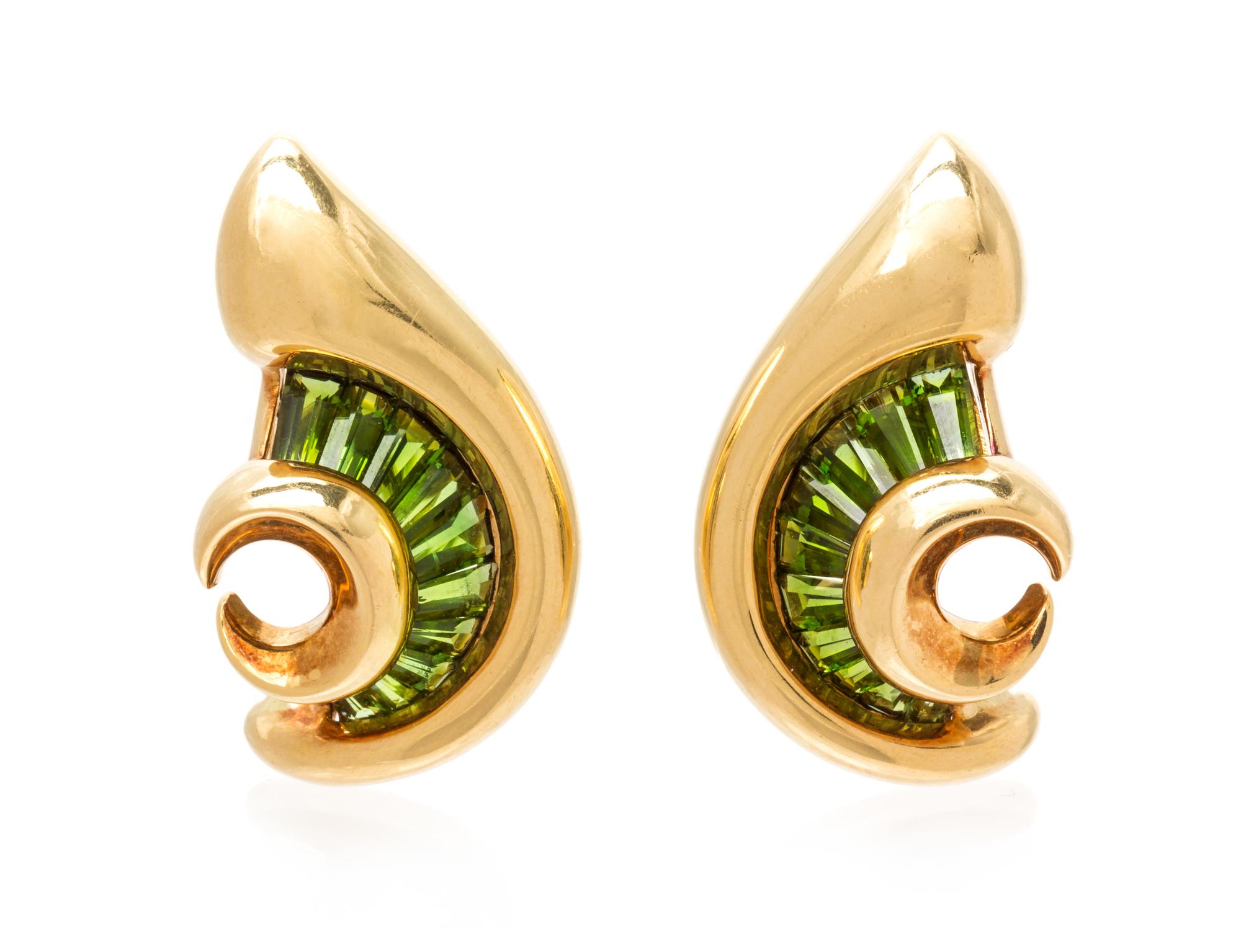 A Pair of 18 Karat Yellow Gold and Green Tourmaline Spiral Earclips, Verdura, 15.05 dwts.