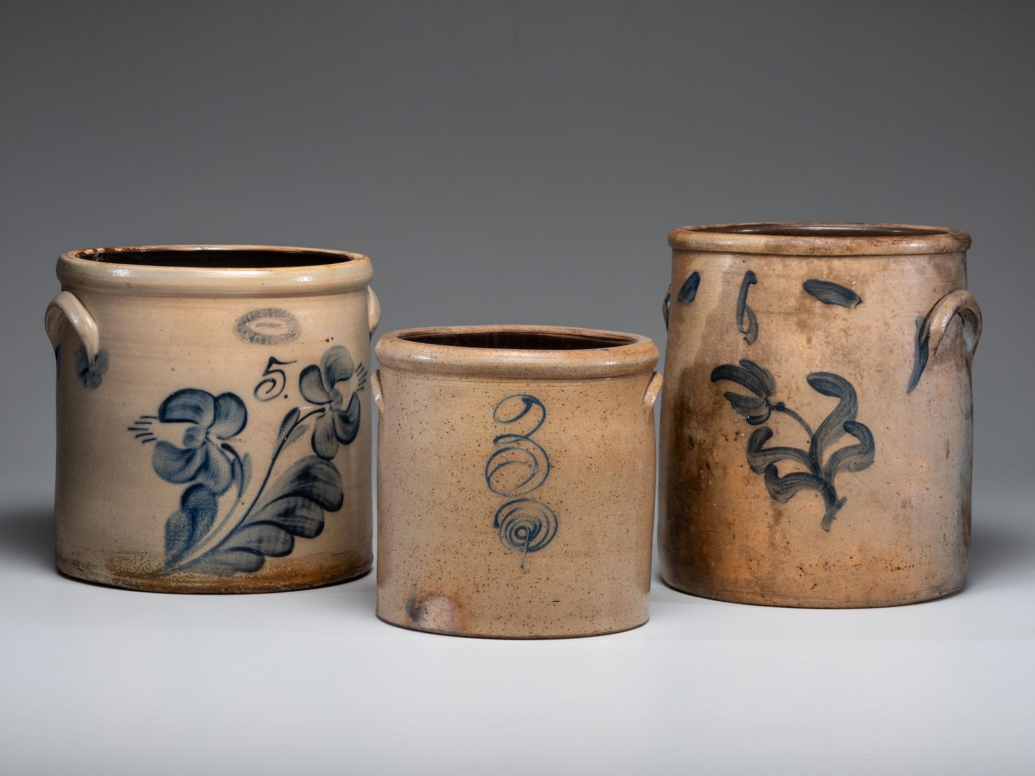 Three Cobalt Decorated Stoneware Crocks