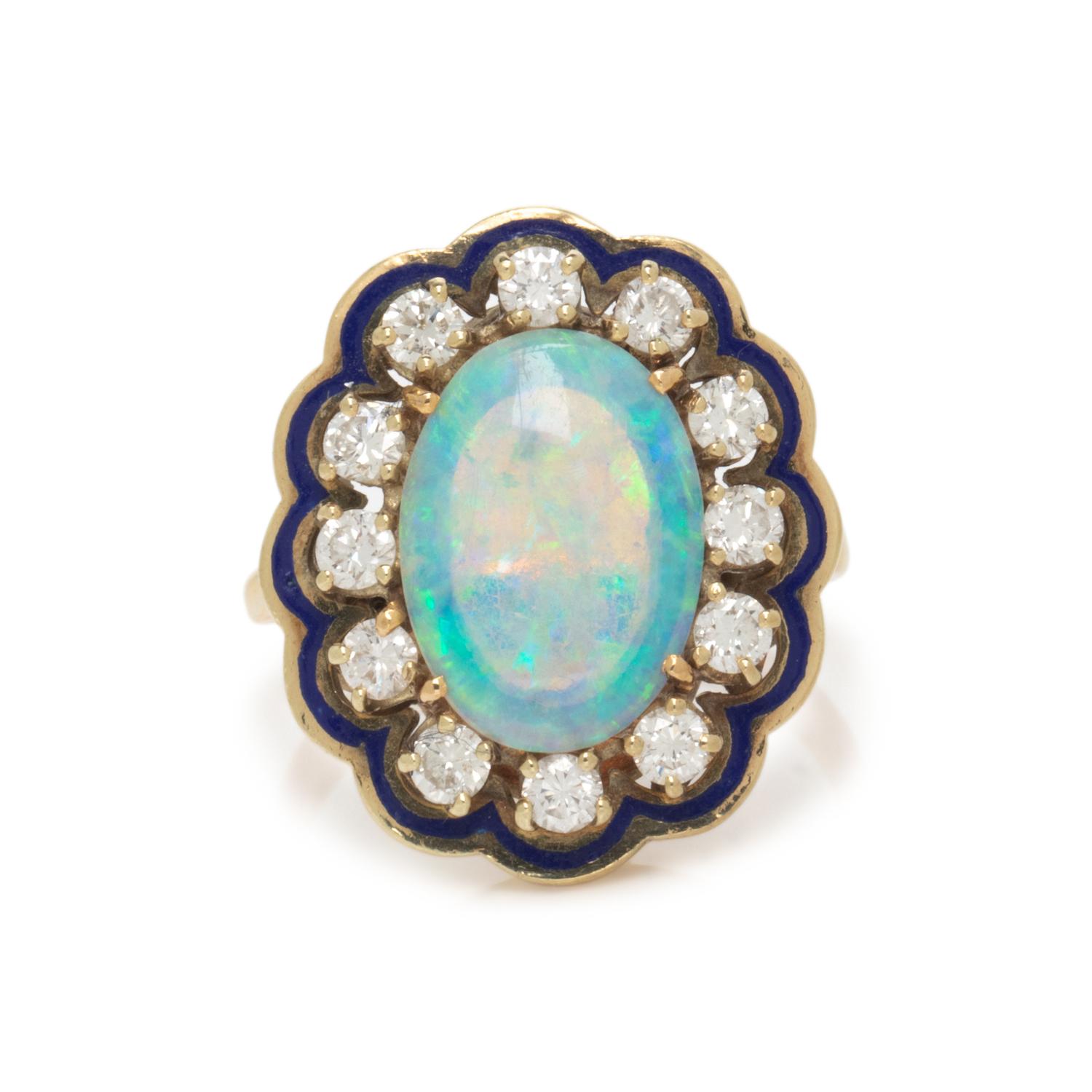 YELLOW GOLD, OPAL, DIAMOND, AND ENAMEL RING