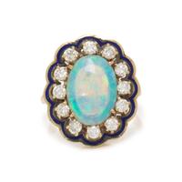 YELLOW GOLD, OPAL, DIAMOND, AND ENAMEL RING