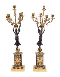 A Pair of Empire Style Gilt Metal Five-Light Candelabra